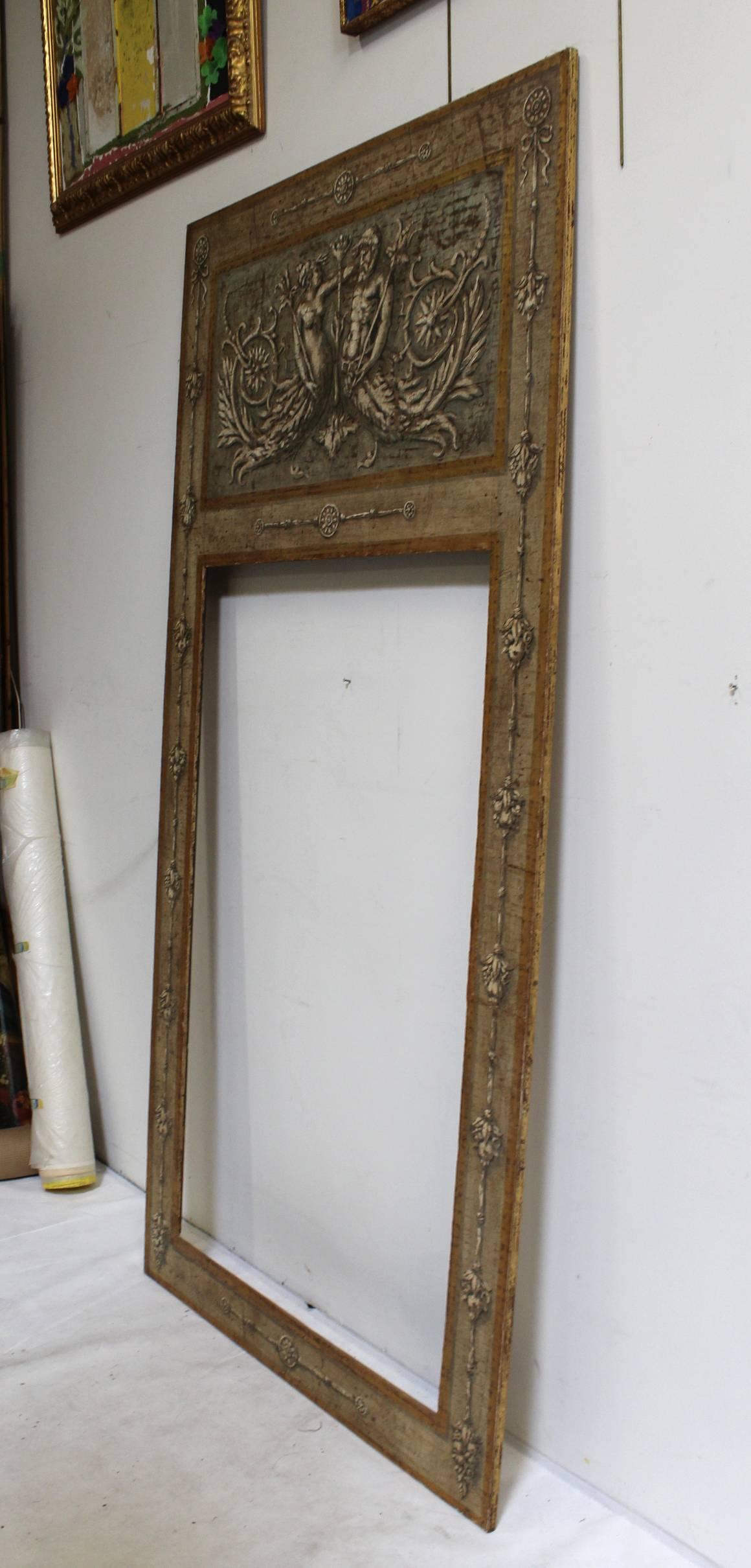 Large Antiqued Hand-Painted and Gilded Neoclassical Trumeau Mirror Frame in Gray 1