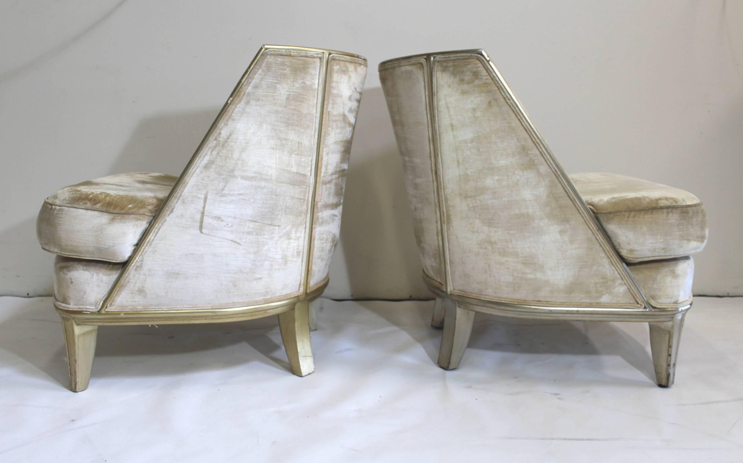 Hollywood Regency Pair of Gilded Lounge Chairs, 1920s