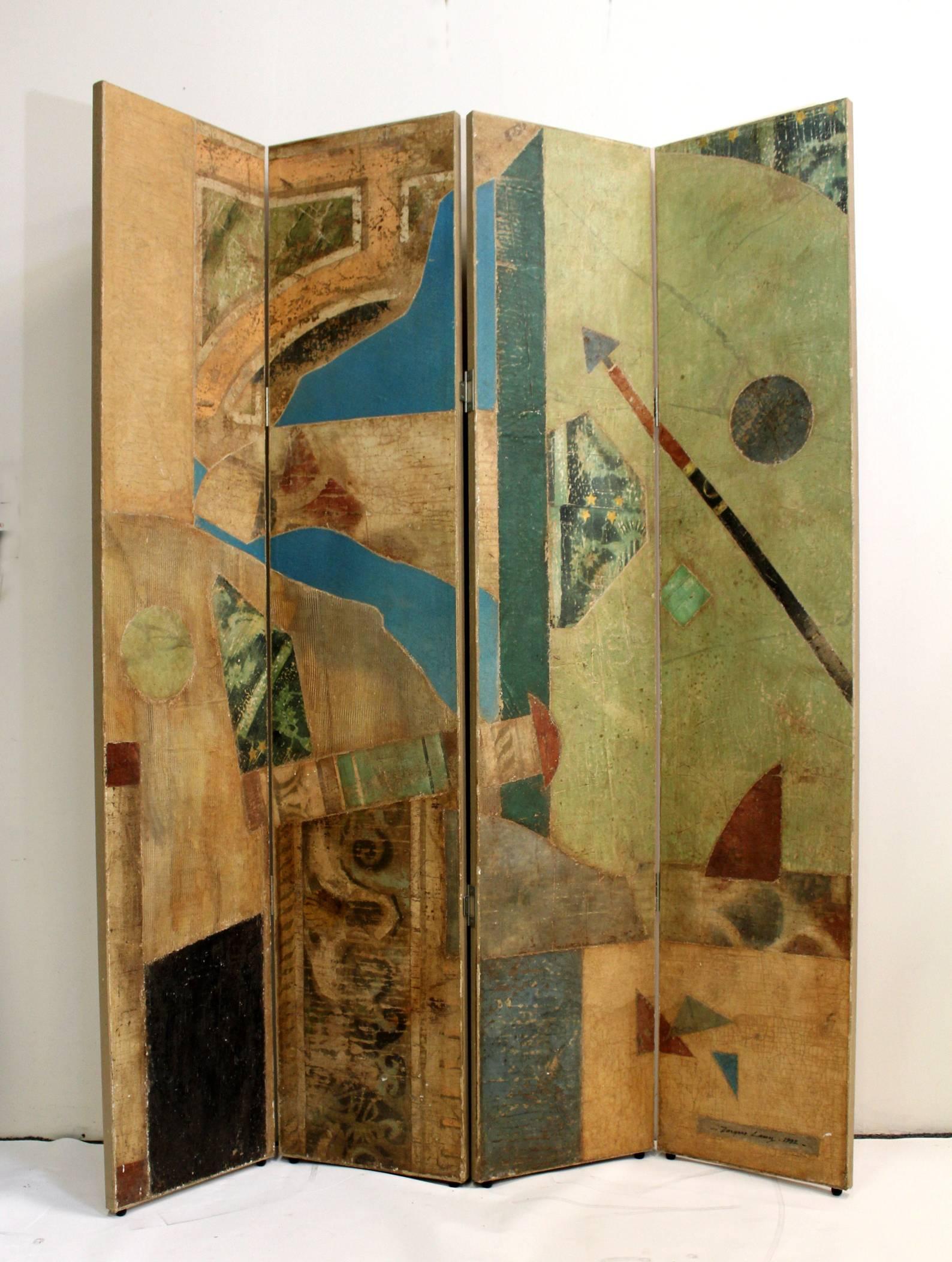 Postmodern, Pop Art folding screen. Made from collaged fresco elements. Paint on plaster on burlap on wood panels. Signed "Jacques Lamy, 1992" on bottom right.
Dimensions open: 63.75" wide x 79.5" high x 1.25"