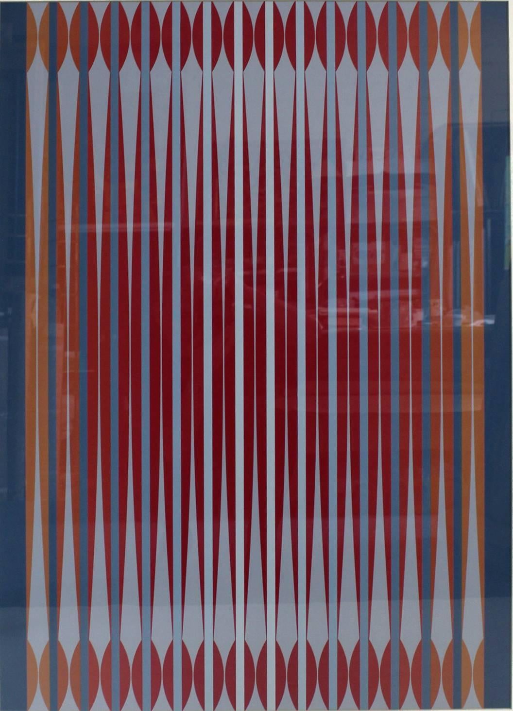 Framed Op Art painting by famous Yugoslavian pop and optical artist Dordevic Miodrag (B. 1936). Oil on Paper. Signed on bottom right and on verso.

Dimensions:
With Frame: 47.5" H X 36" W.
Painting: 36.5" H X 26" W.