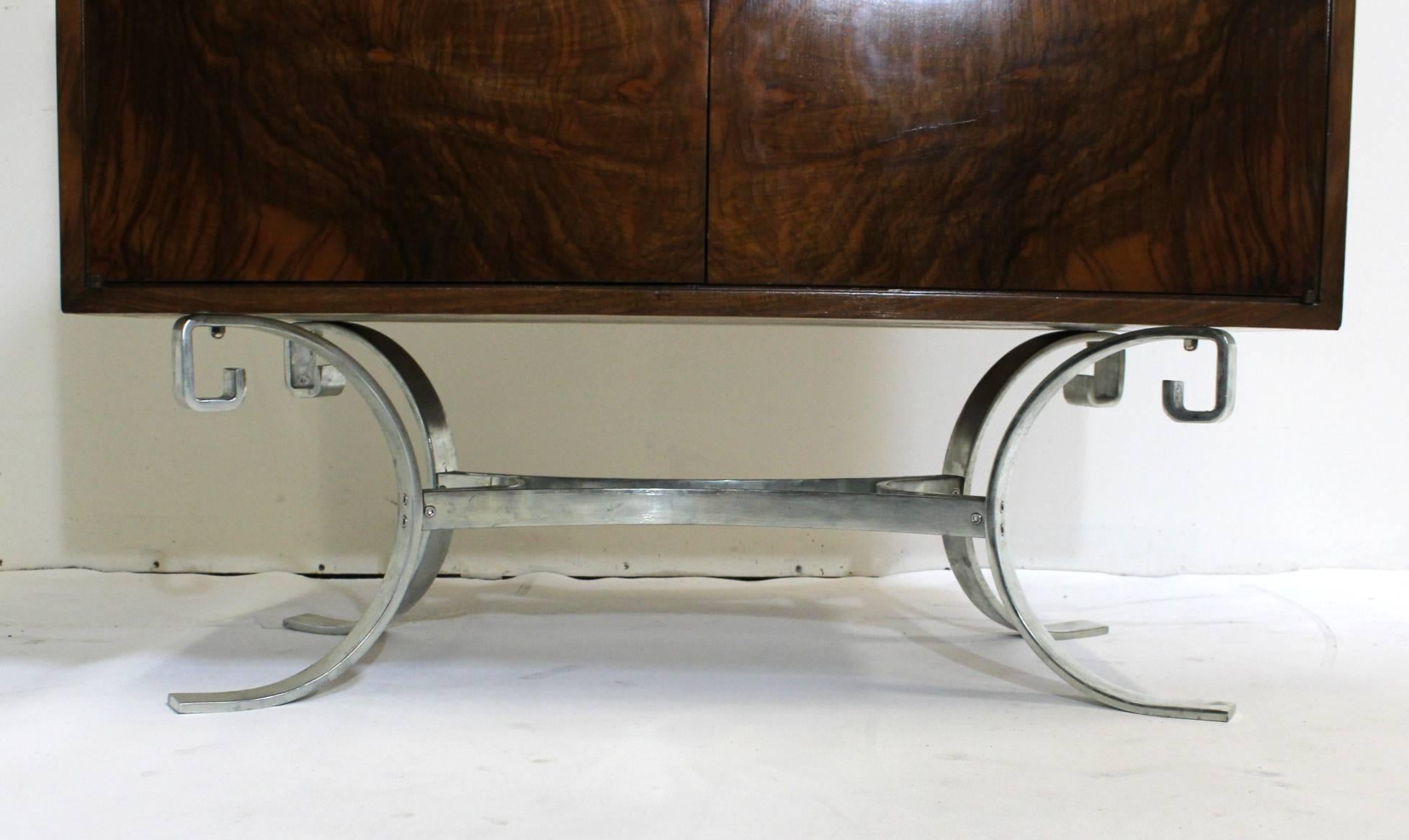 Aluminum Pair of Mid-Century Modern Walnut and Chrome Cabinets Dressers Side Tables For Sale