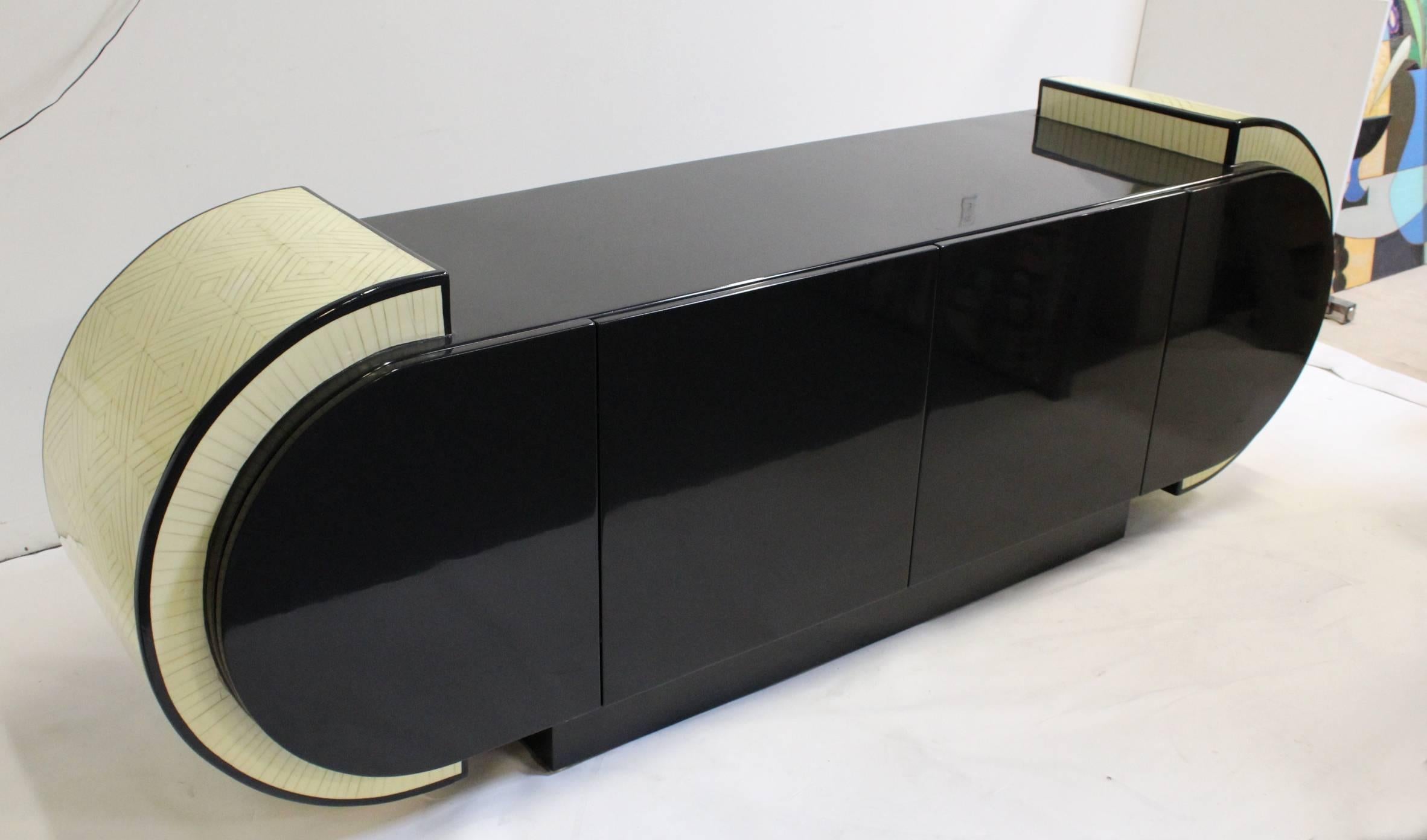 American Pierre Cardin Style Black Modern Four-Door Buffet Credenza Dresser Console