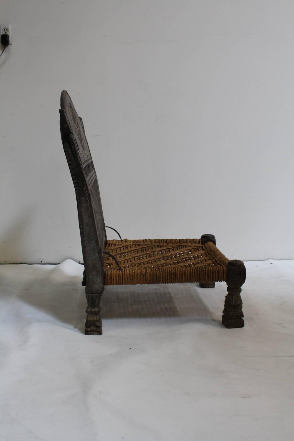 Antique Afghan Chieftain Ceremonial HandCarved Chair with Woven Rope