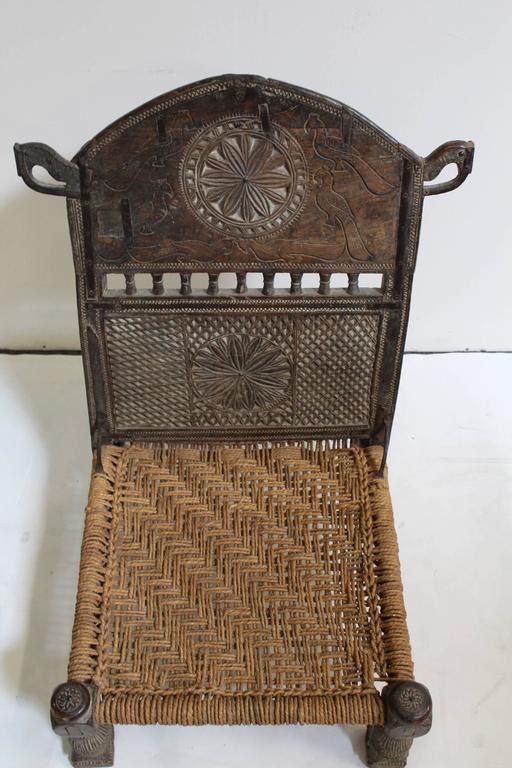 Antique Afghan Chieftain Ceremonial HandCarved Chair with Woven Rope