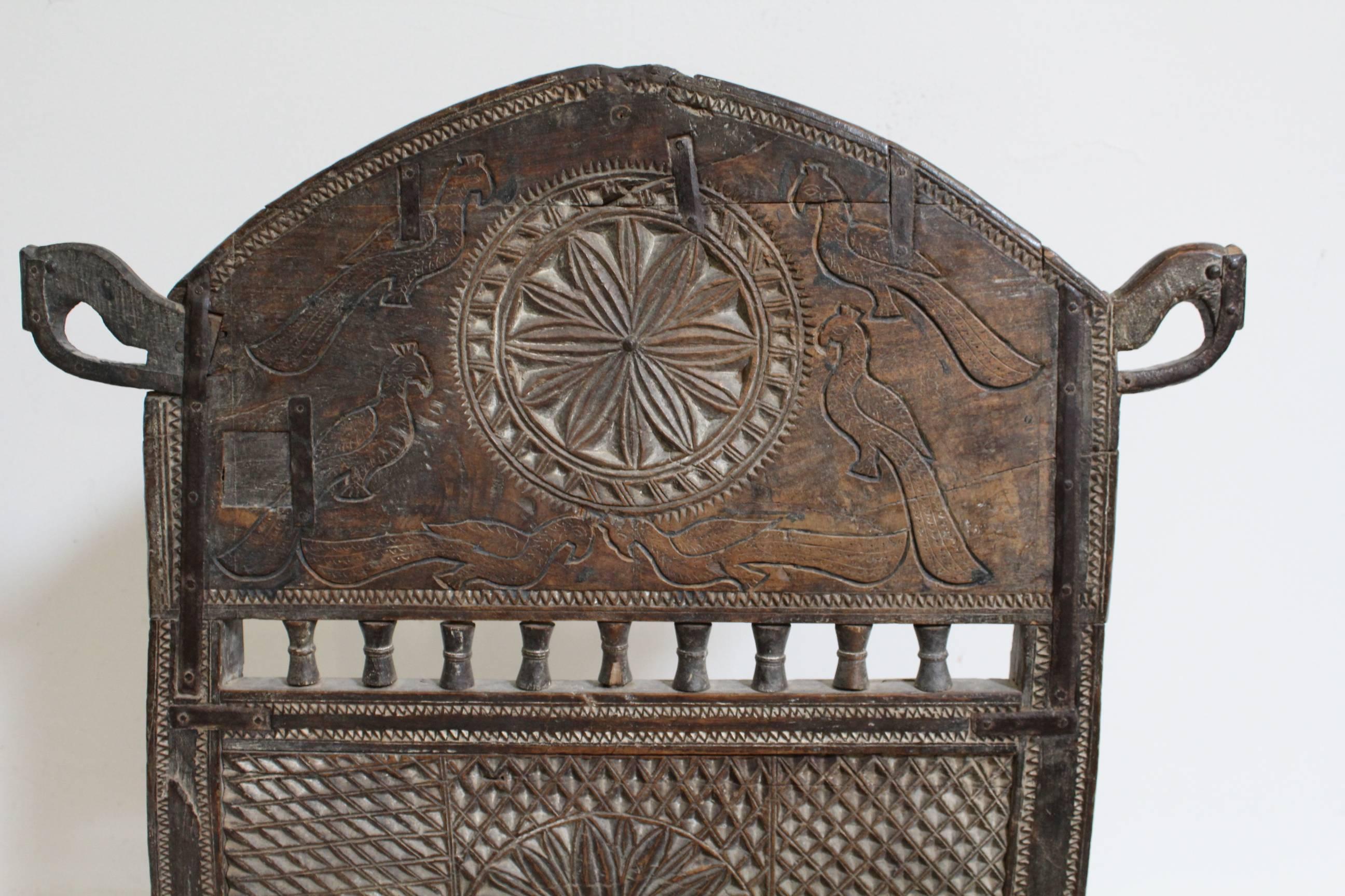Islamic Antique Afghan Chieftain Ceremonial Hand-Carved Chair with Woven Rope Seat