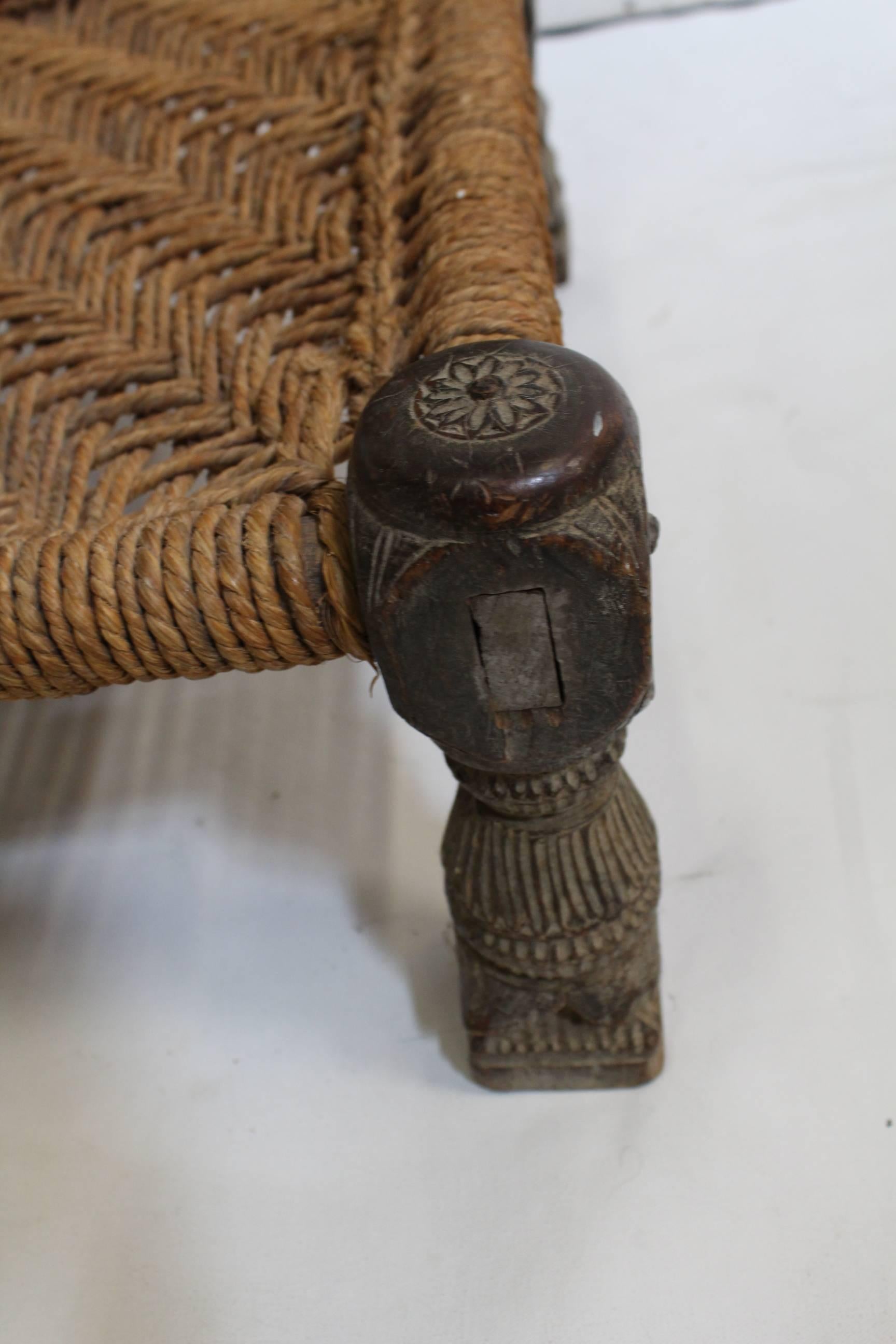 Antique Afghan Chieftain Ceremonial Hand-Carved Chair with Woven Rope Seat 1
