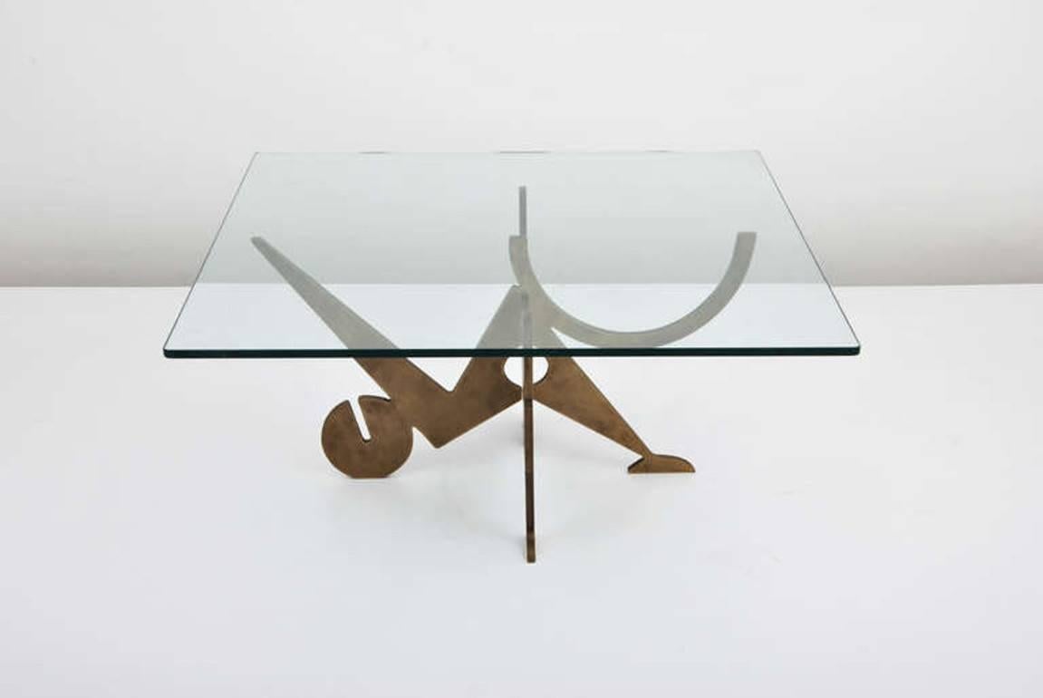 Post-Modern Brutalist Postmodern Bronze and Glass Coffee Cocktail Table by Pucci De Rossi