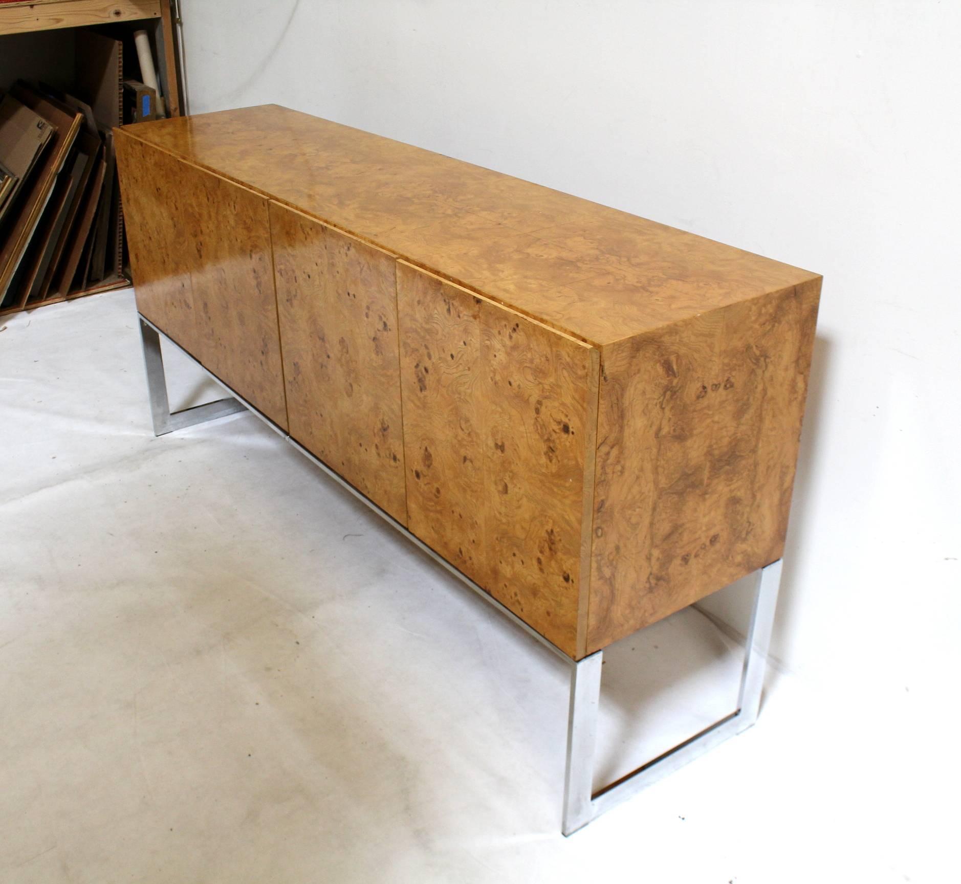Mid-Century Modern Vintage Milo Baughman for Thayer Coggin Burl and Chrome Credenza, Signed For Sale