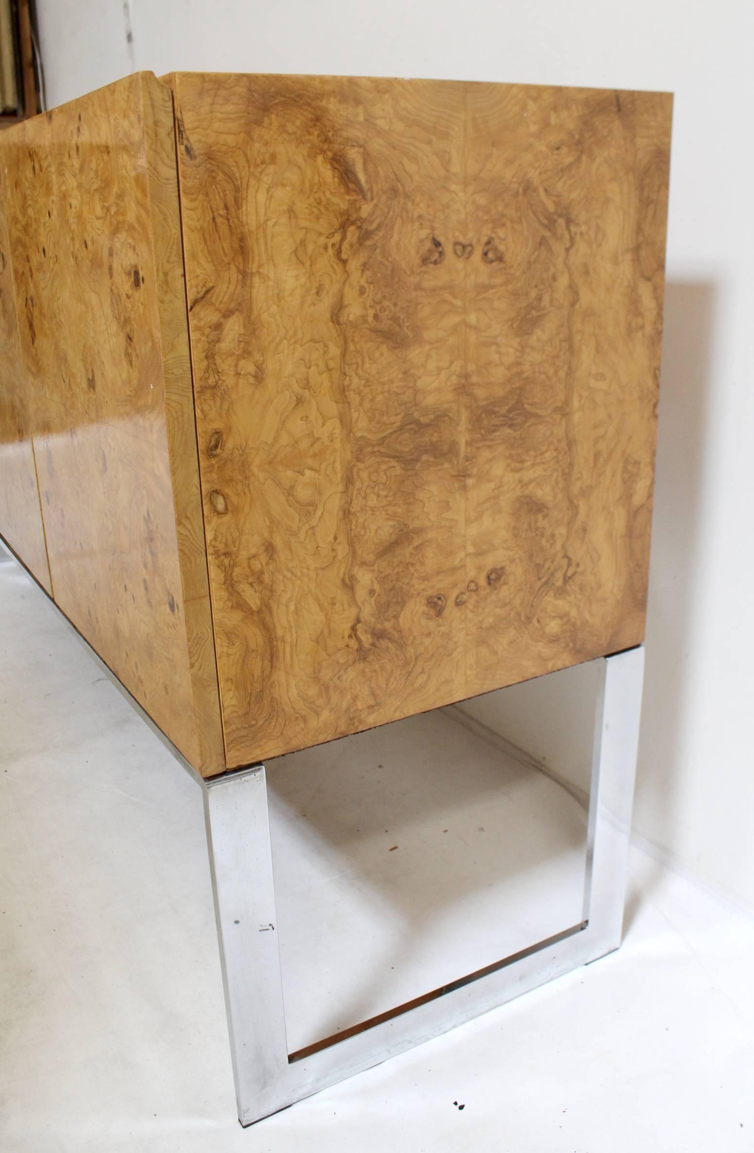 American Vintage Milo Baughman for Thayer Coggin Burl and Chrome Credenza, Signed For Sale