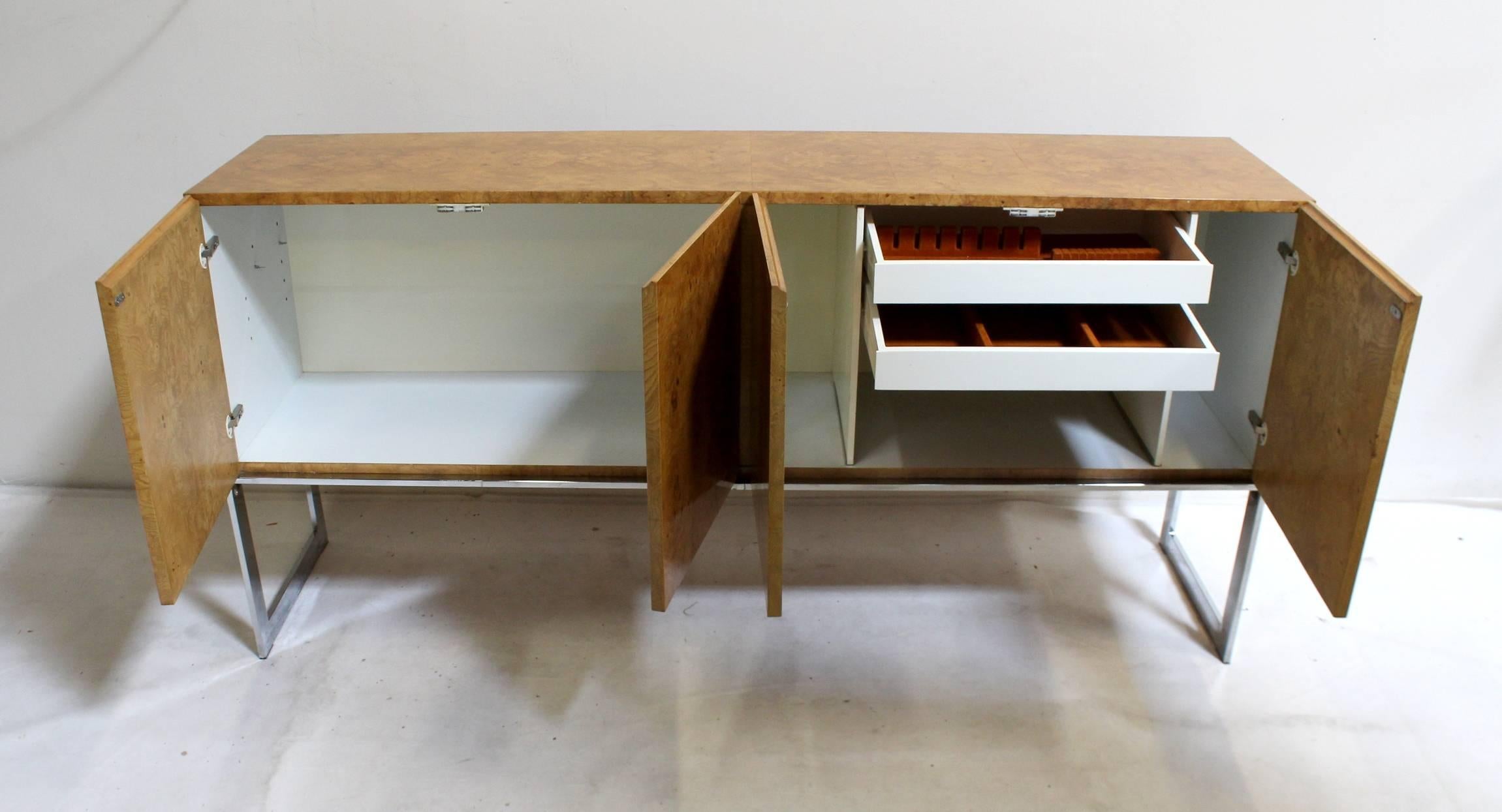 20th Century Vintage Milo Baughman for Thayer Coggin Burl and Chrome Credenza, Signed For Sale