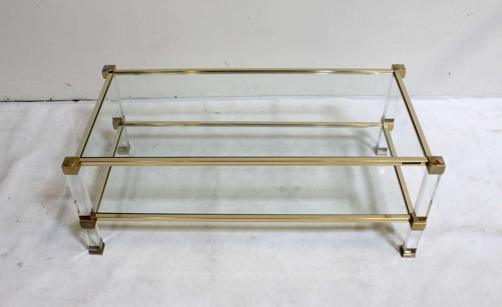 Mid-Century Modern Pierre Vandel Brass, Lucite and Glass Coffee Table