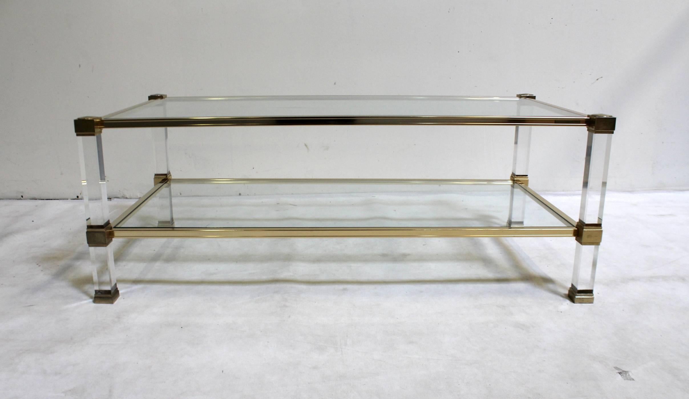 French Pierre Vandel Brass, Lucite and Glass Coffee Table