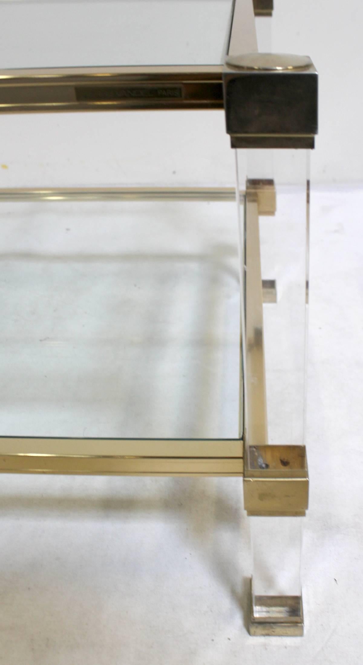 20th Century Pierre Vandel Brass, Lucite and Glass Coffee Table