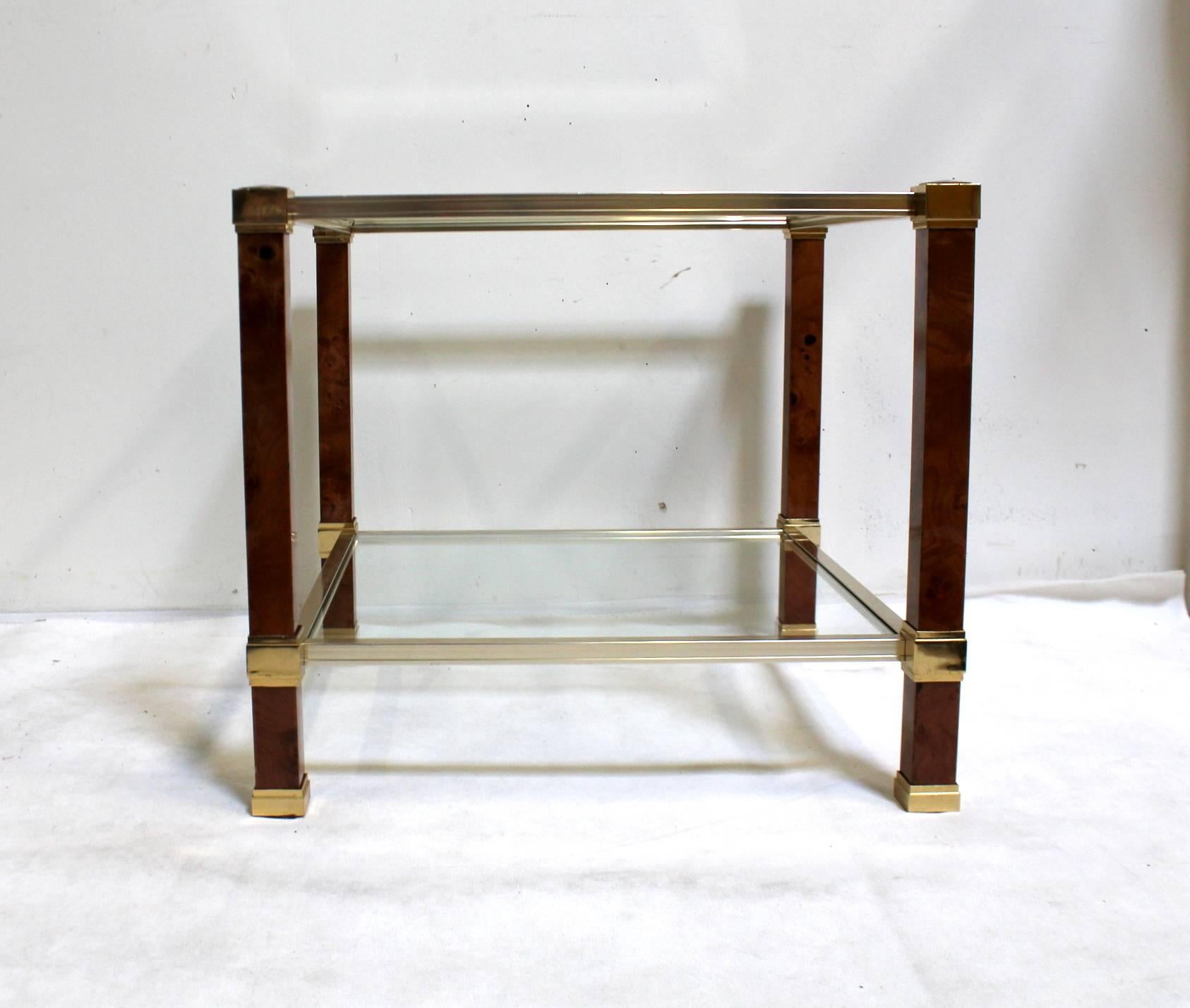 Pair of Pierre Vandel Two-Tiered Speckled Maple, Gilded Metal Side Tables In Good Condition In Dallas, TX