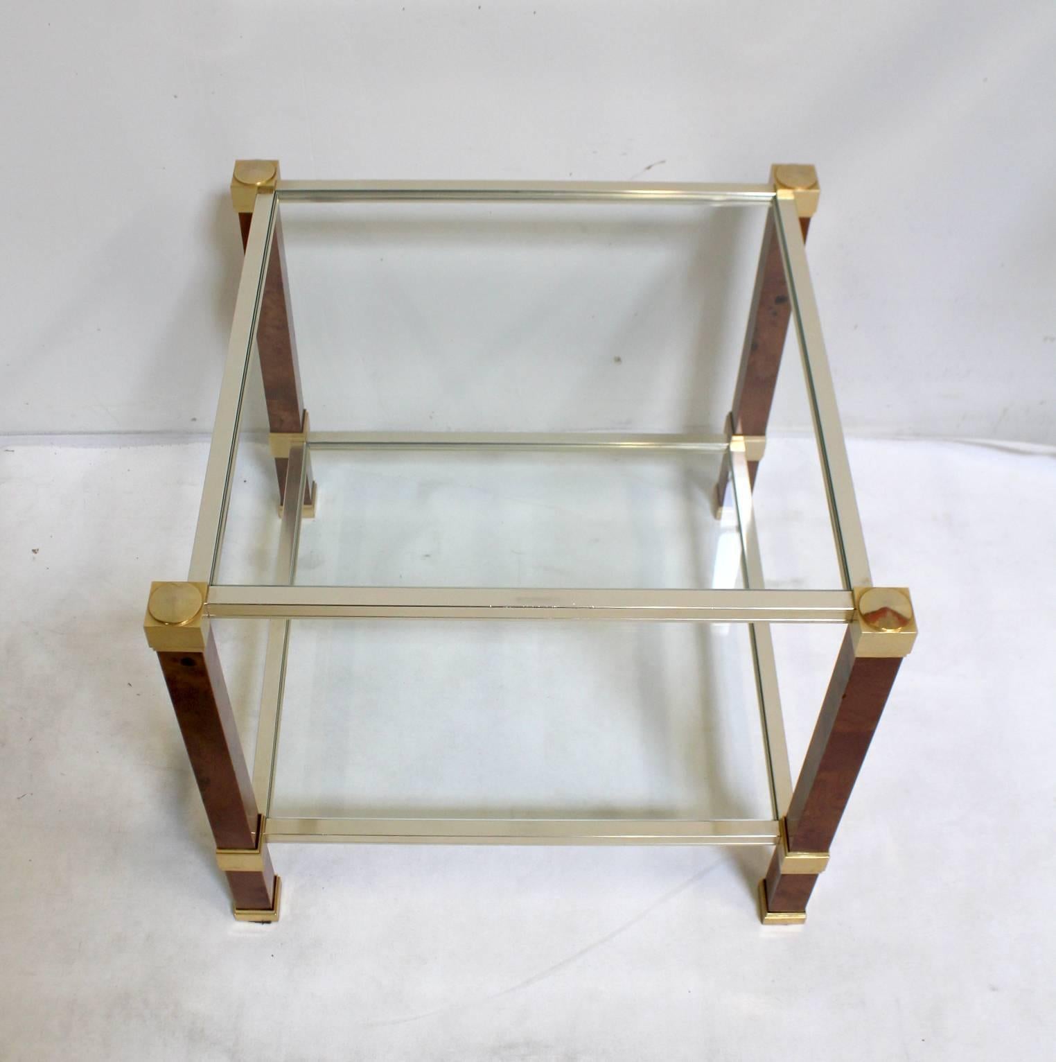 French Pair of Pierre Vandel Two-Tiered Speckled Maple, Gilded Metal Side Tables