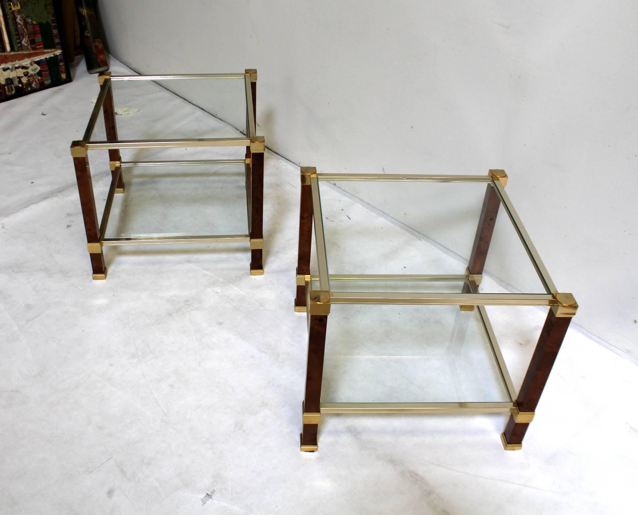 Mid-Century Modern Pair of Pierre Vandel Two-Tiered Speckled Maple, Gilded Metal Side Tables