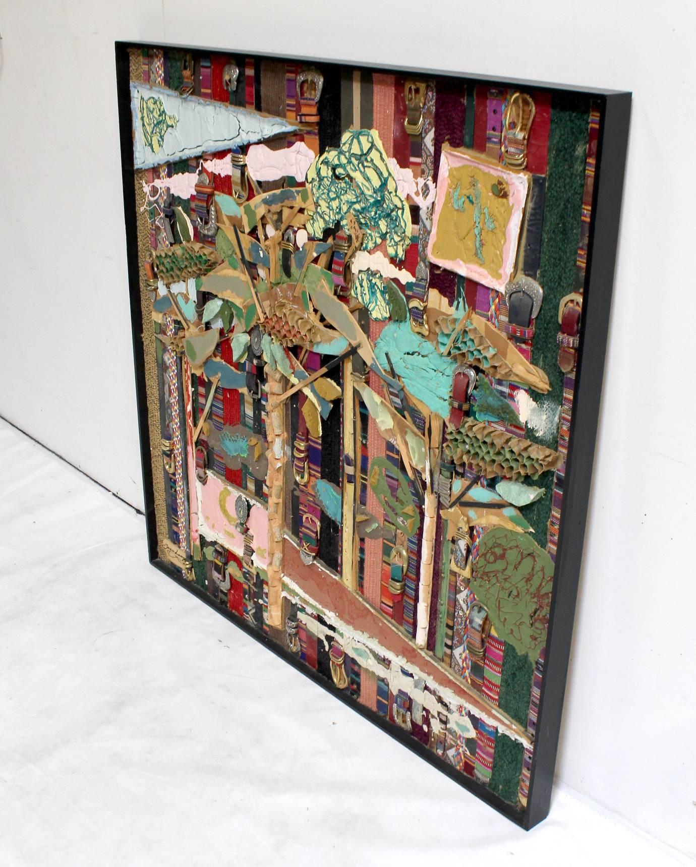 Amazing found-object painting by French-American Artist, Jacques Lamy. Made of belts, fabric, cork, and wood, with acrylic and oil paint and plaster. Mounted on board. Signed, bottom left. 

Framed in minimal black frame. 



 