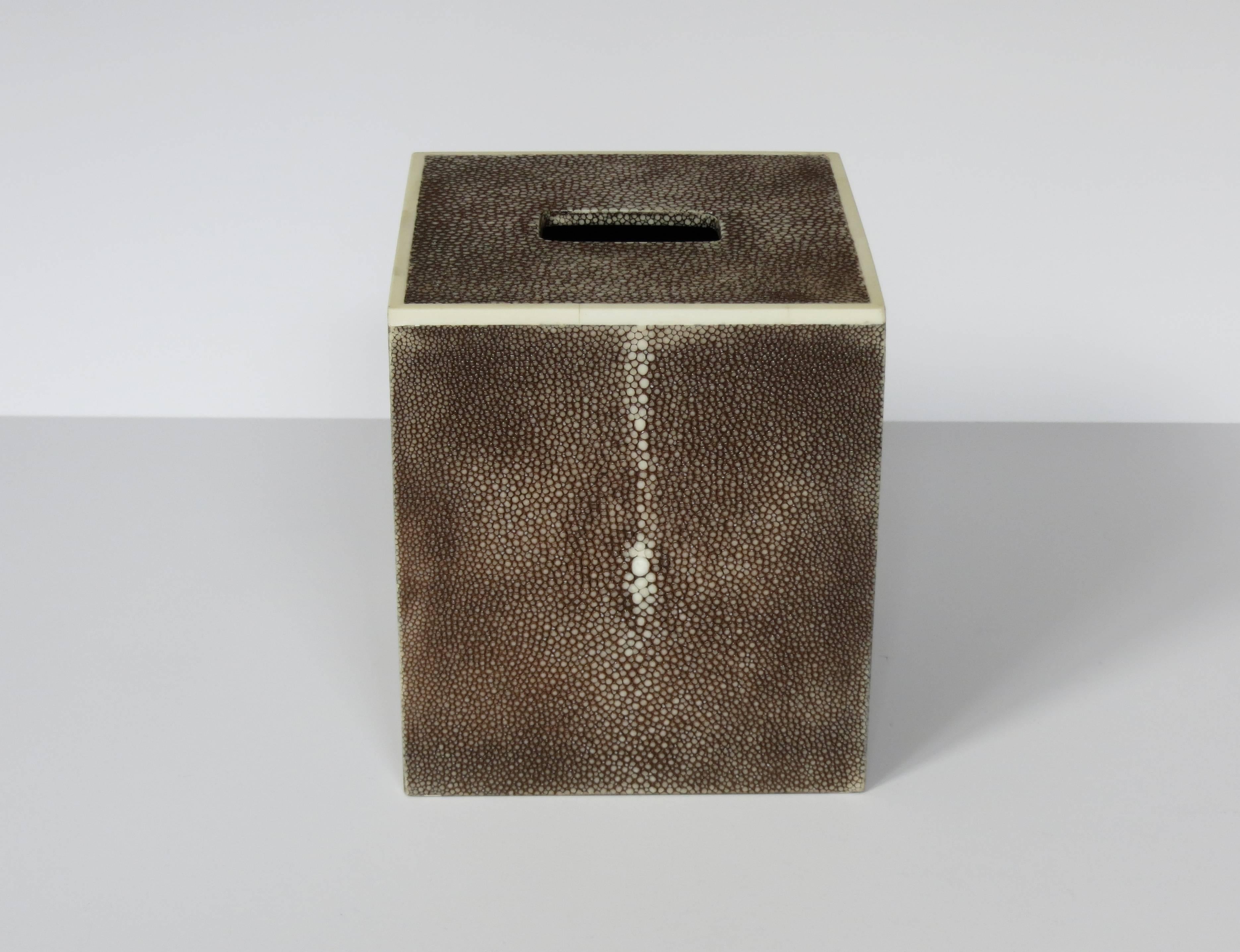 Beautiful brown shagreen tissue box with bone inlay 
Size: 5.25