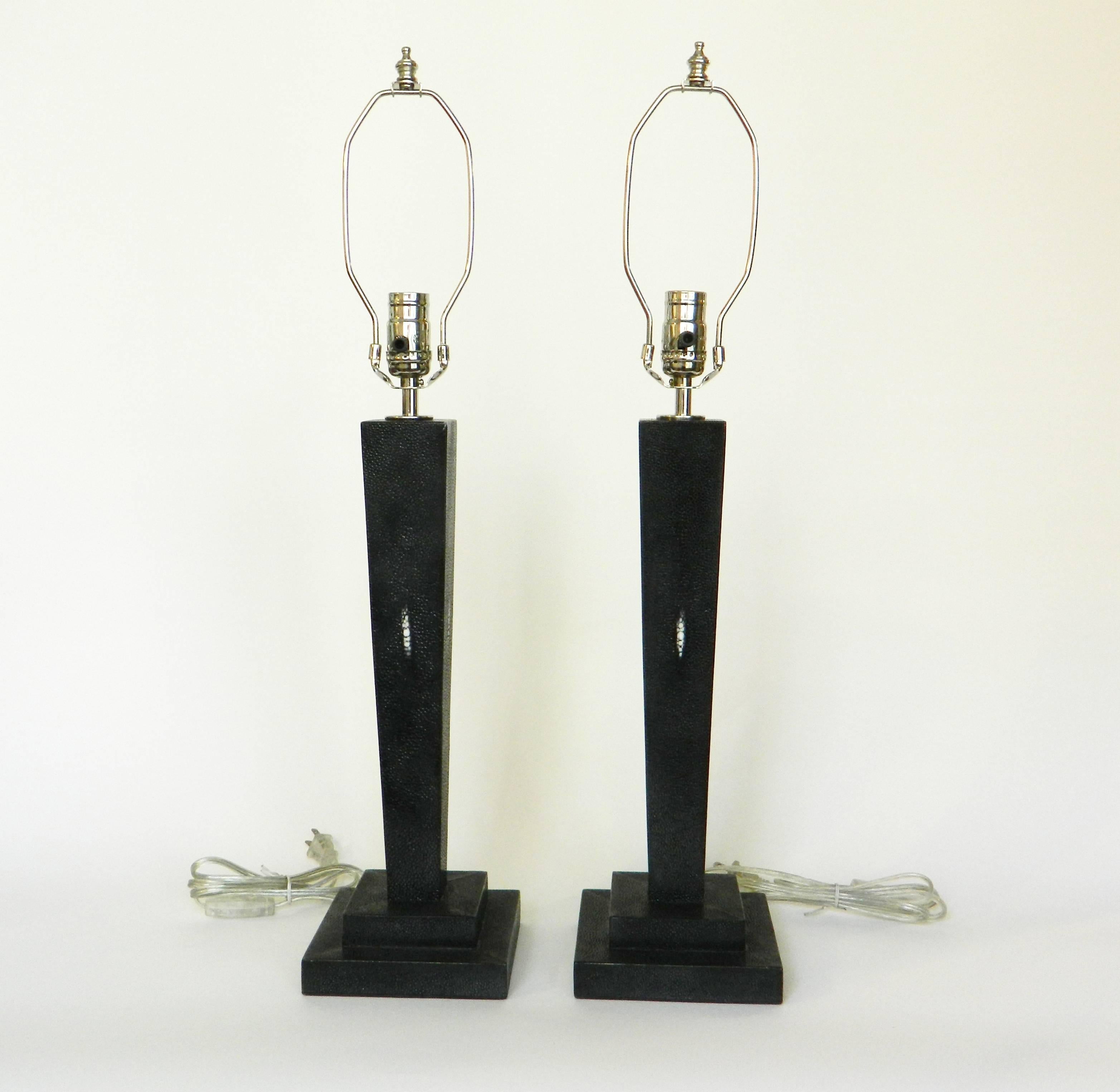 Contemporary Pair of Tapered Column Black Shagreen Lamps For Sale