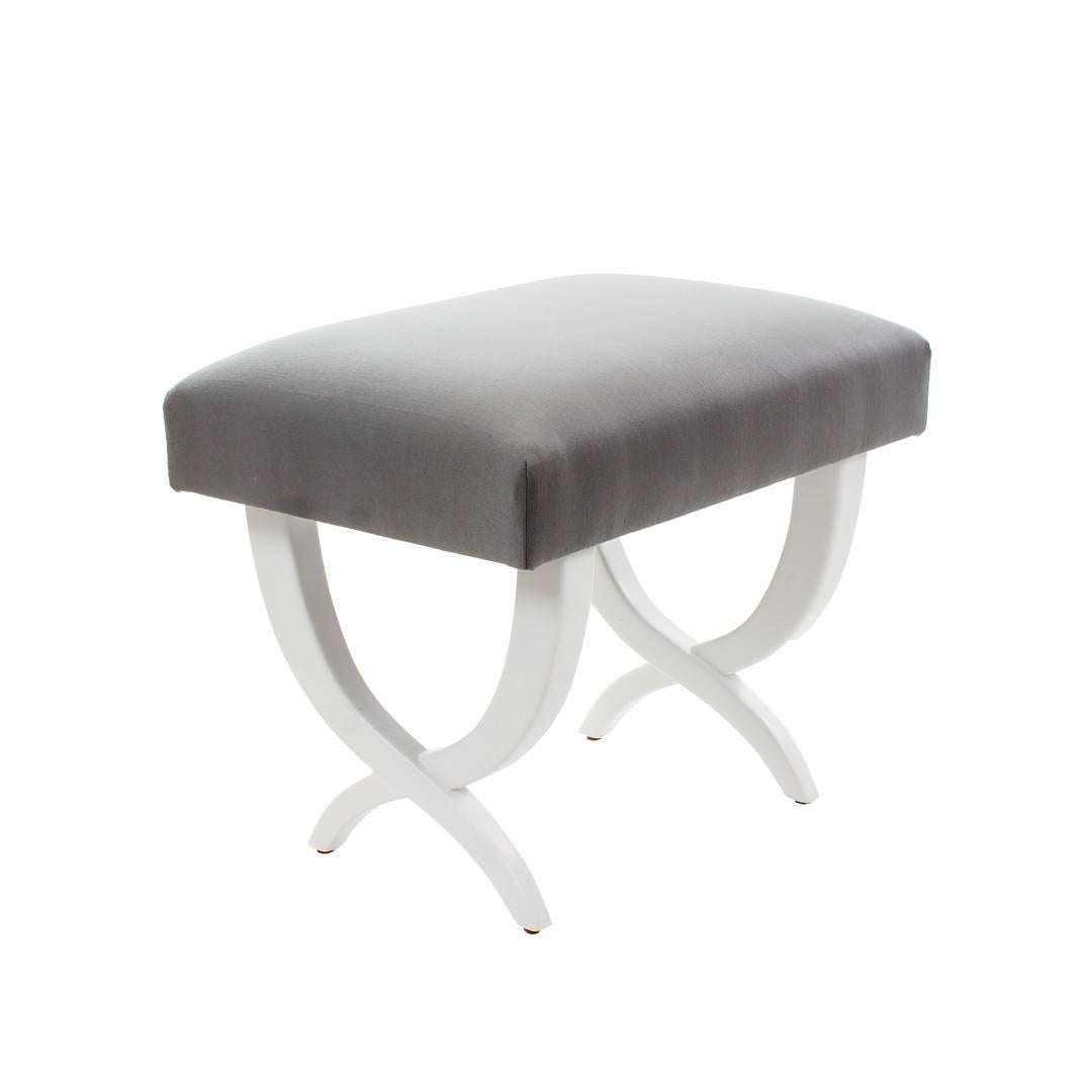Pair of white lacquered stools upholstered with Grey silk fabric. Please contact us for any other information