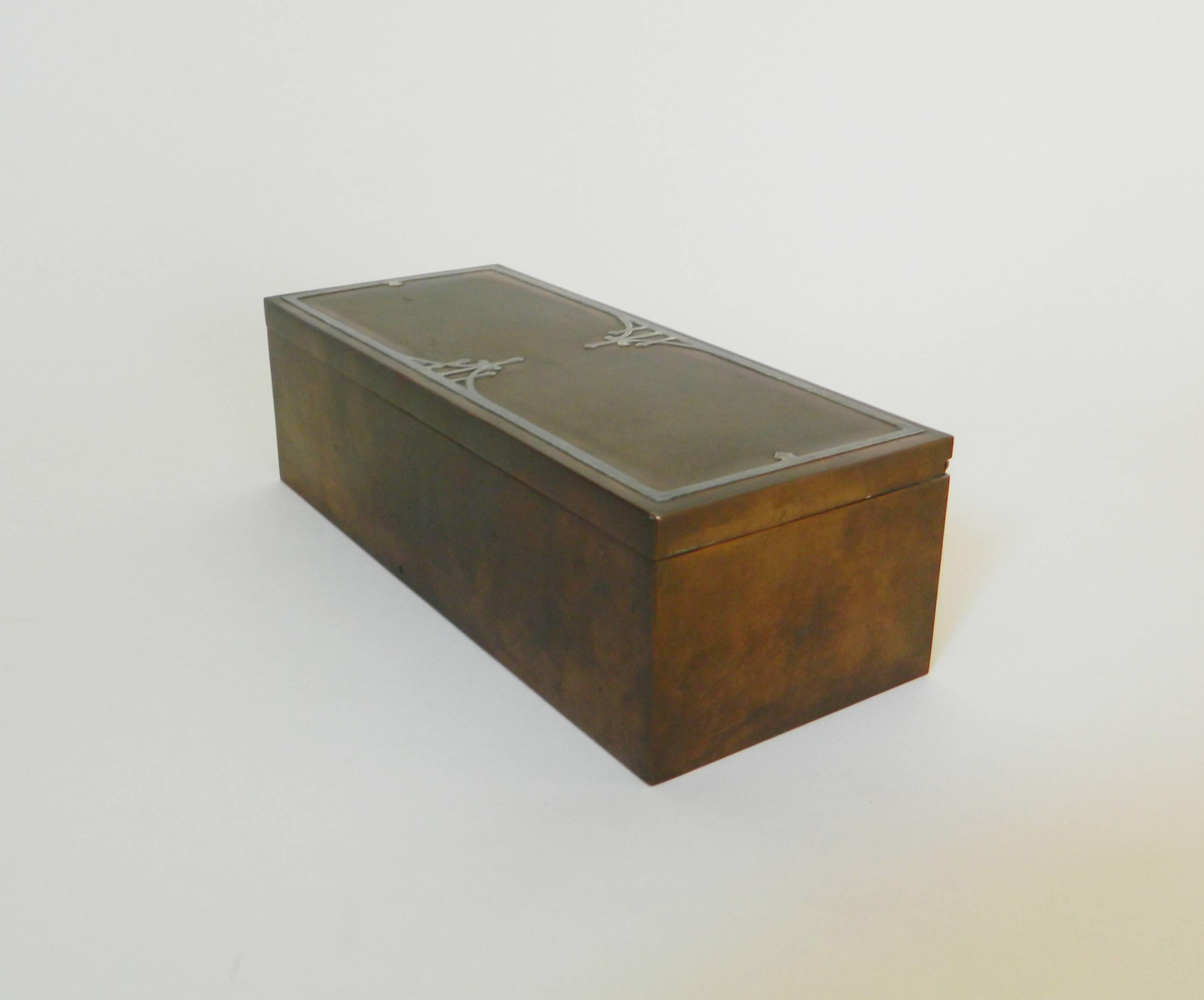 American Heintz Bronze Cigar Box with silver inlay  For Sale
