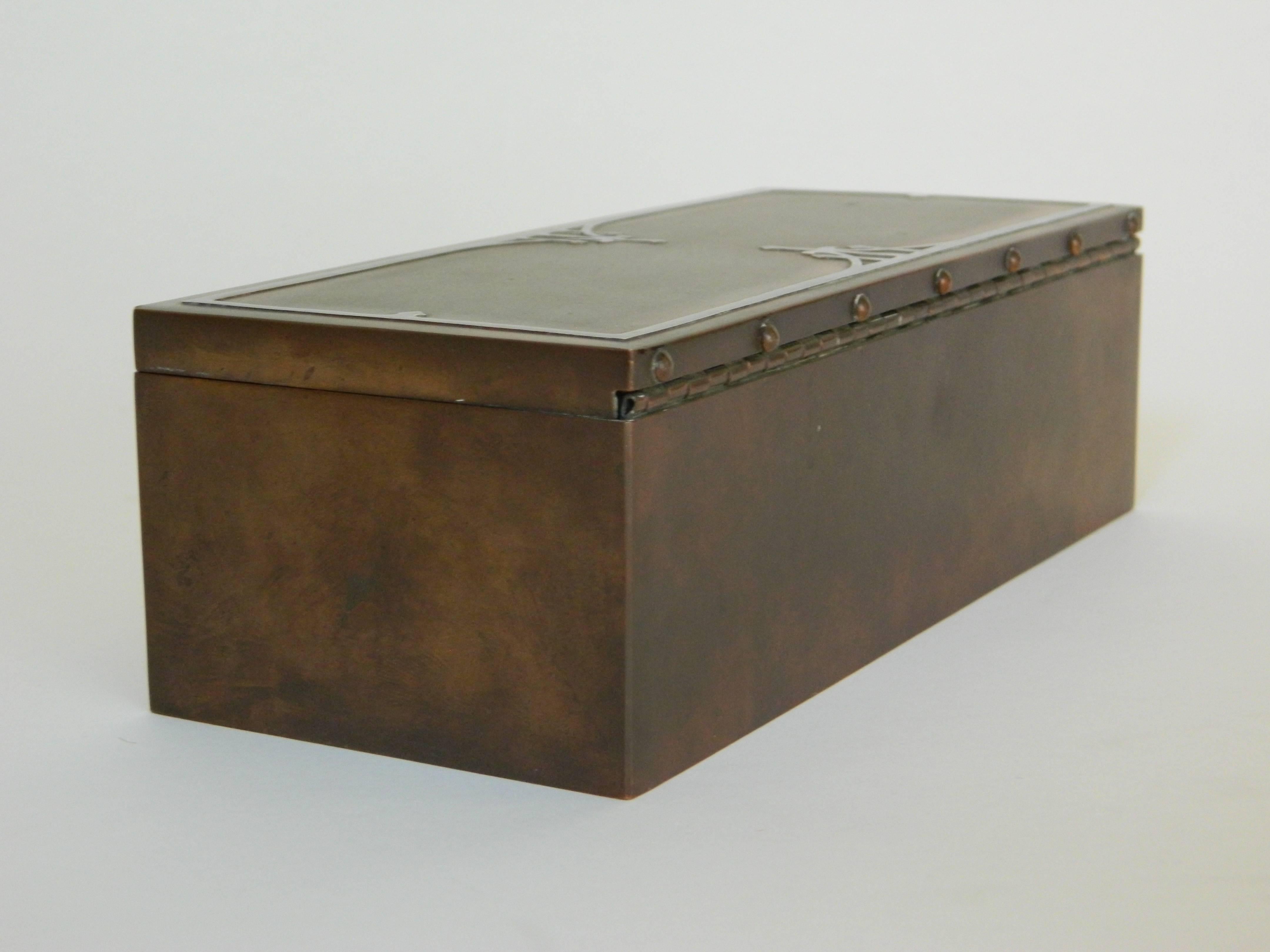 Heintz Bronze Cigar Box with silver inlay  In Excellent Condition For Sale In New York, NY