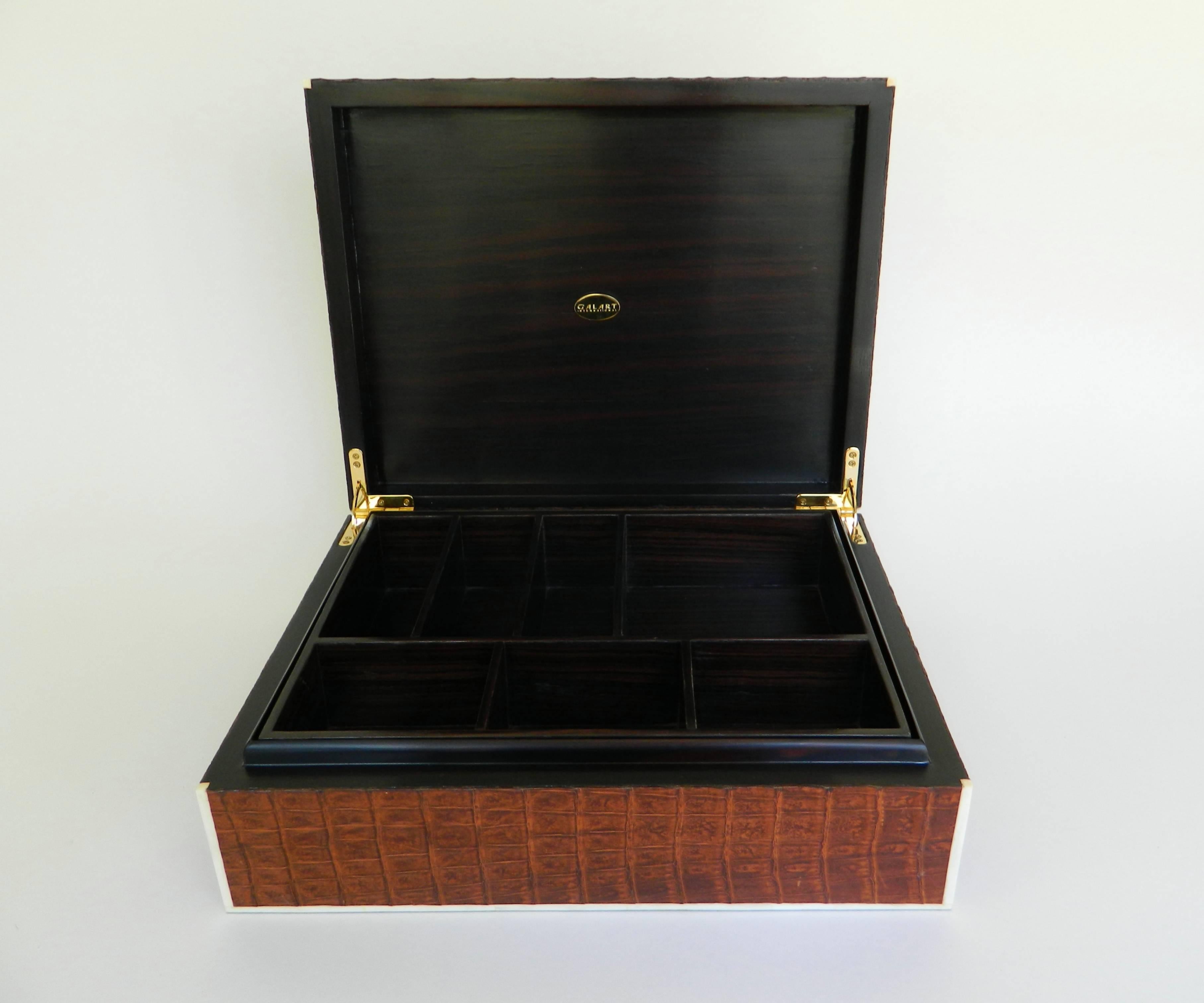 Contemporary Beautiful Large Brown Crocodile Box with Bone Inlay For Sale
