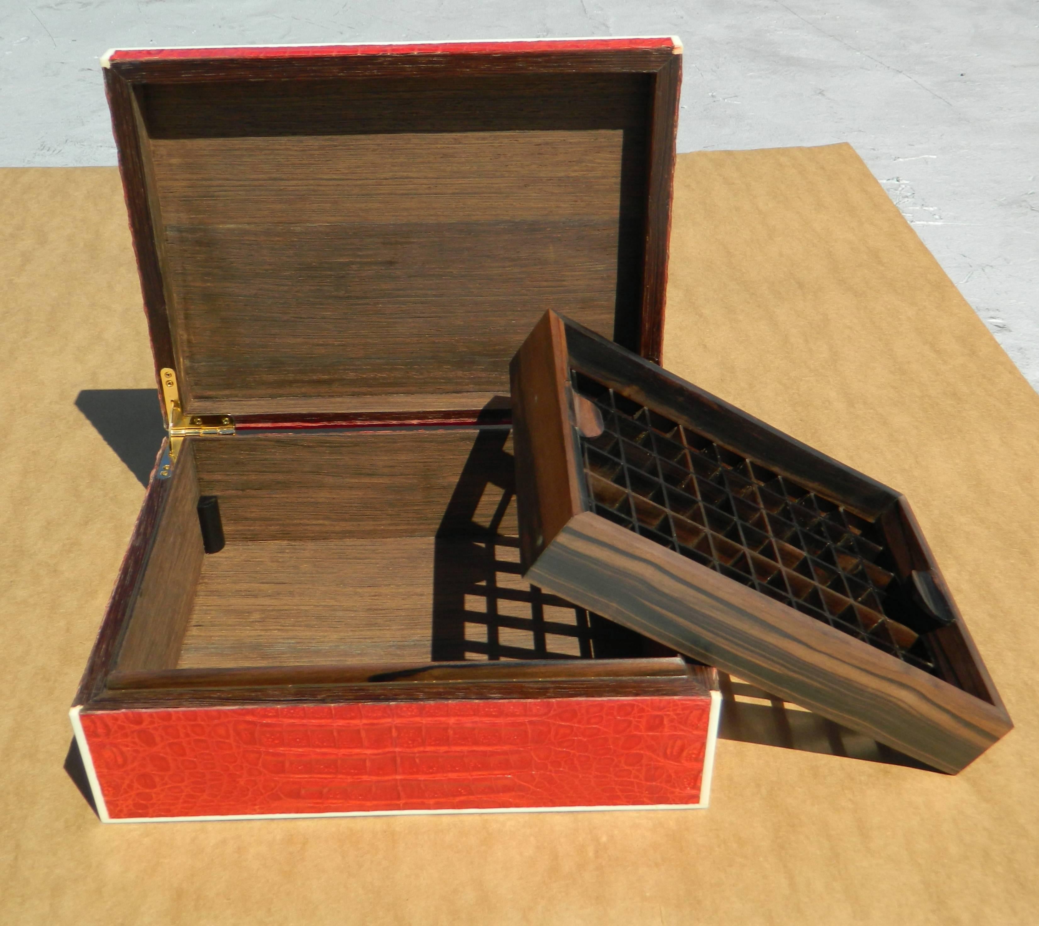 Beautiful Red crocodile humidor box with bone inlay and a removable maccasser Ebony mesh tray 
