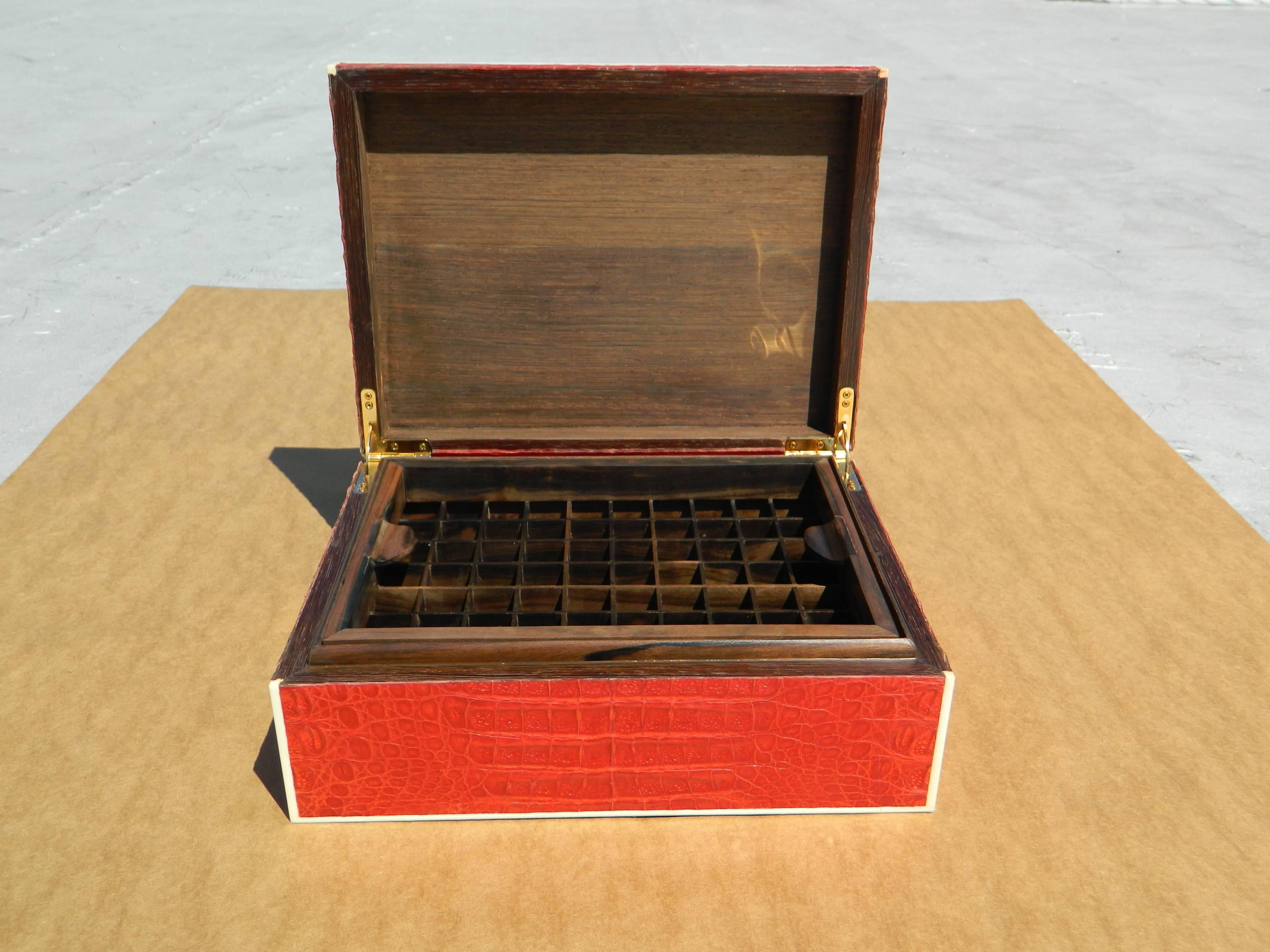 Exqusite Red Crocodile Humidor Box with Bone Inlay In New Condition For Sale In New York, NY