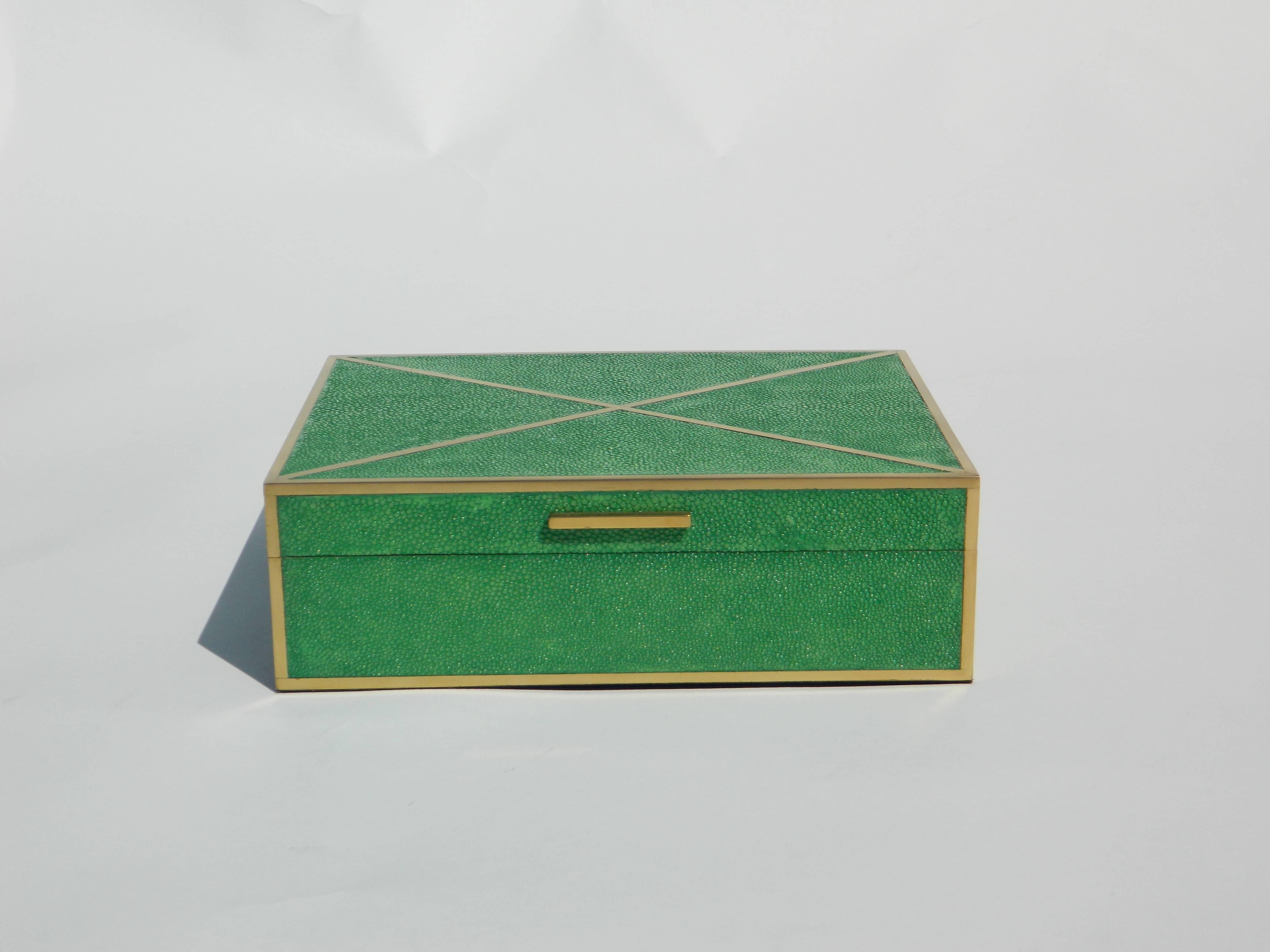Modern Emerald Green Shagreen Box with Brass Inlay