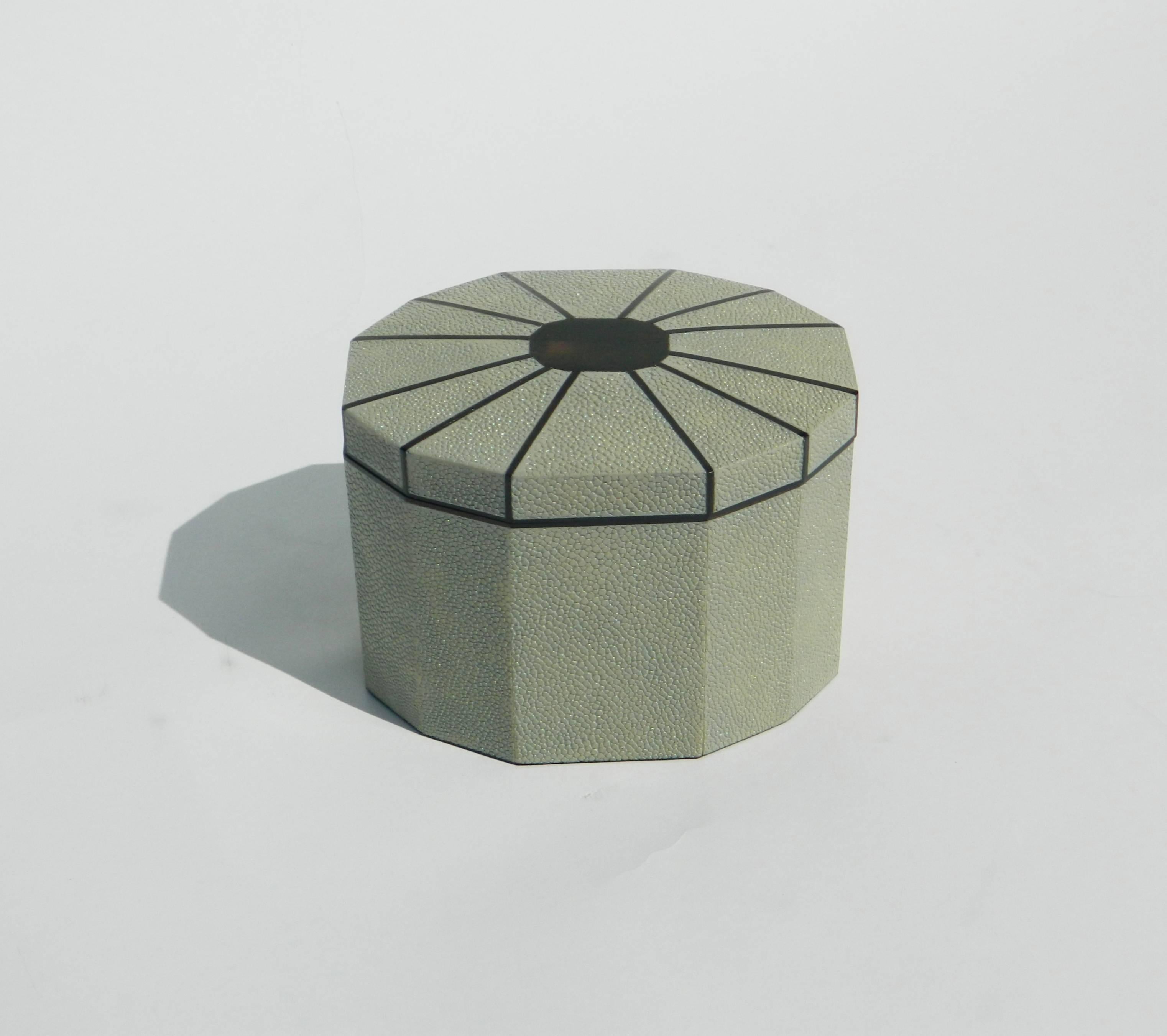American Octagon Shape Natural Shagreen Box With Ebony Inlay  For Sale