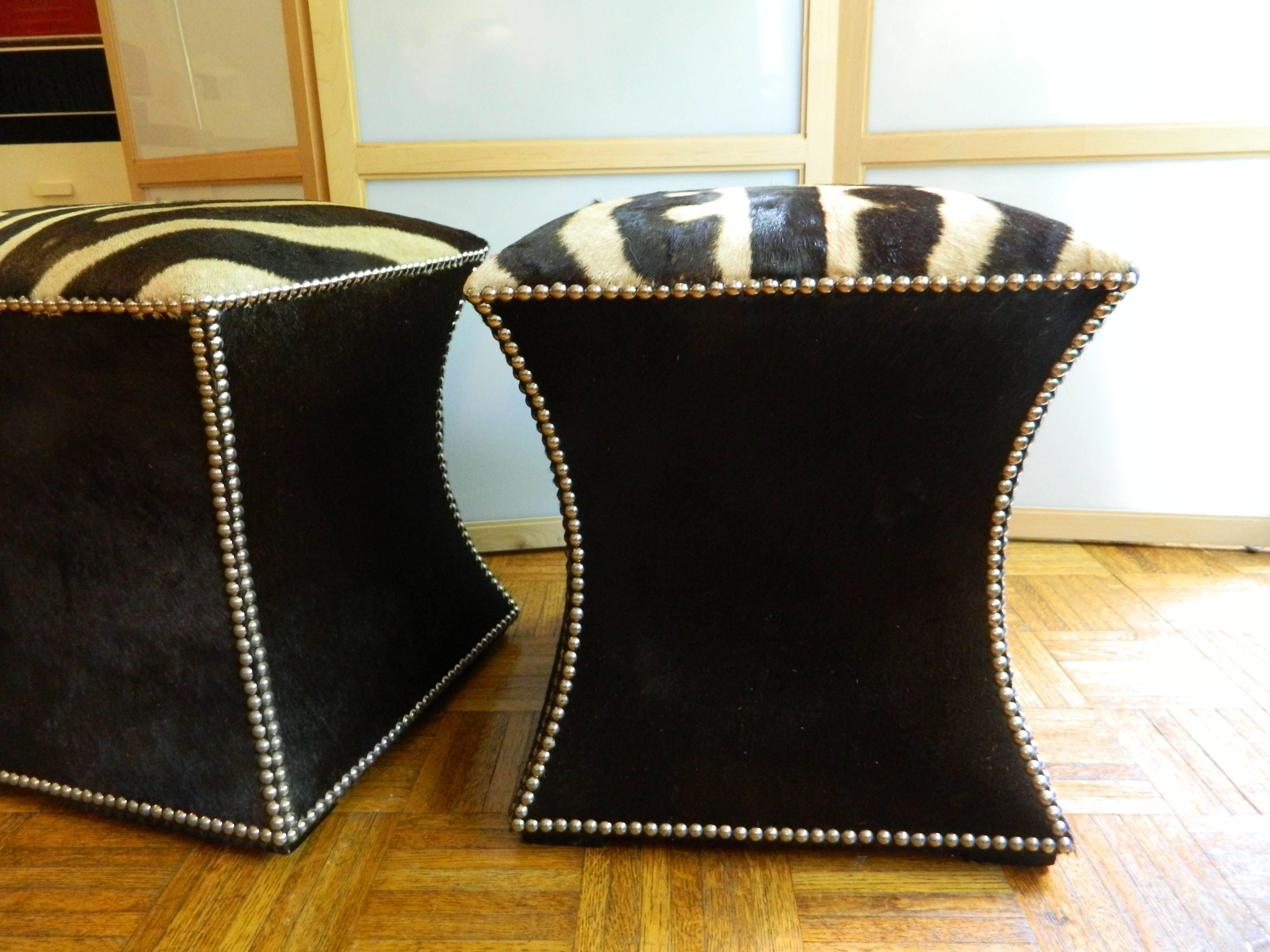 American Burchell Zebra and cow hide ottomans For Sale