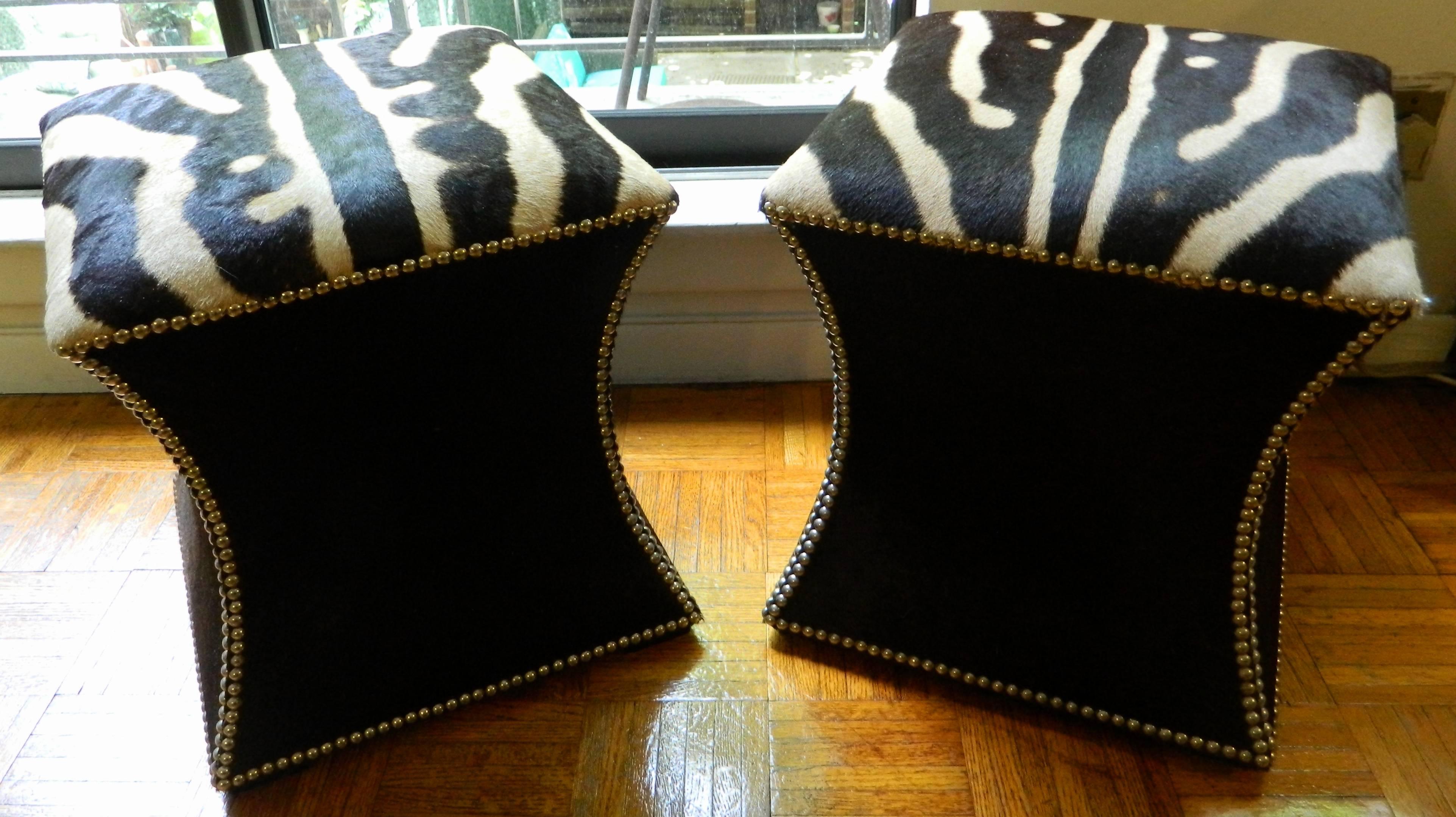 Cowhide Burchell Zebra and cow hide ottomans For Sale