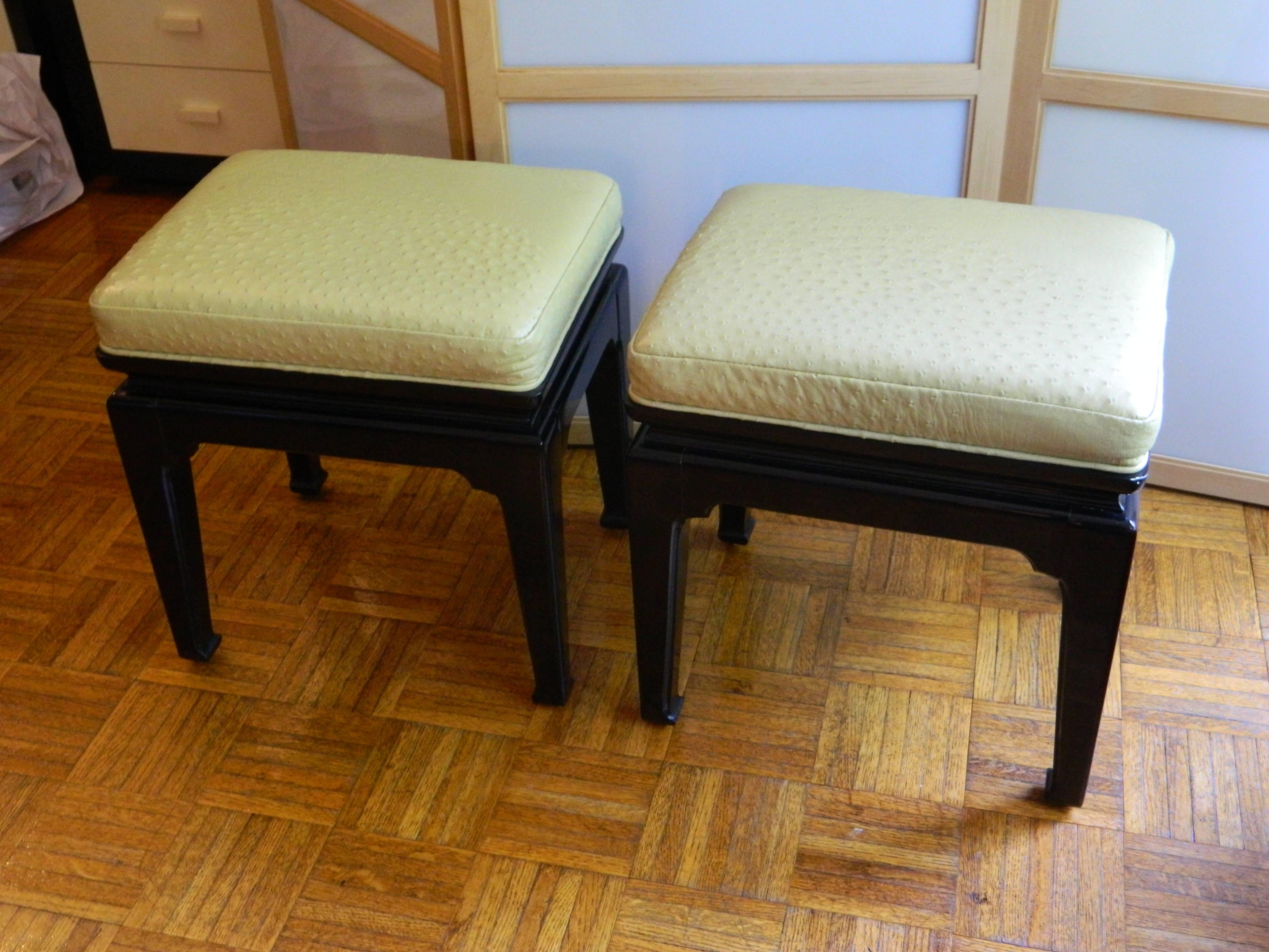 Modern Vintage Chinese Style Lacquered Stools with Genuine Ostrich skin
