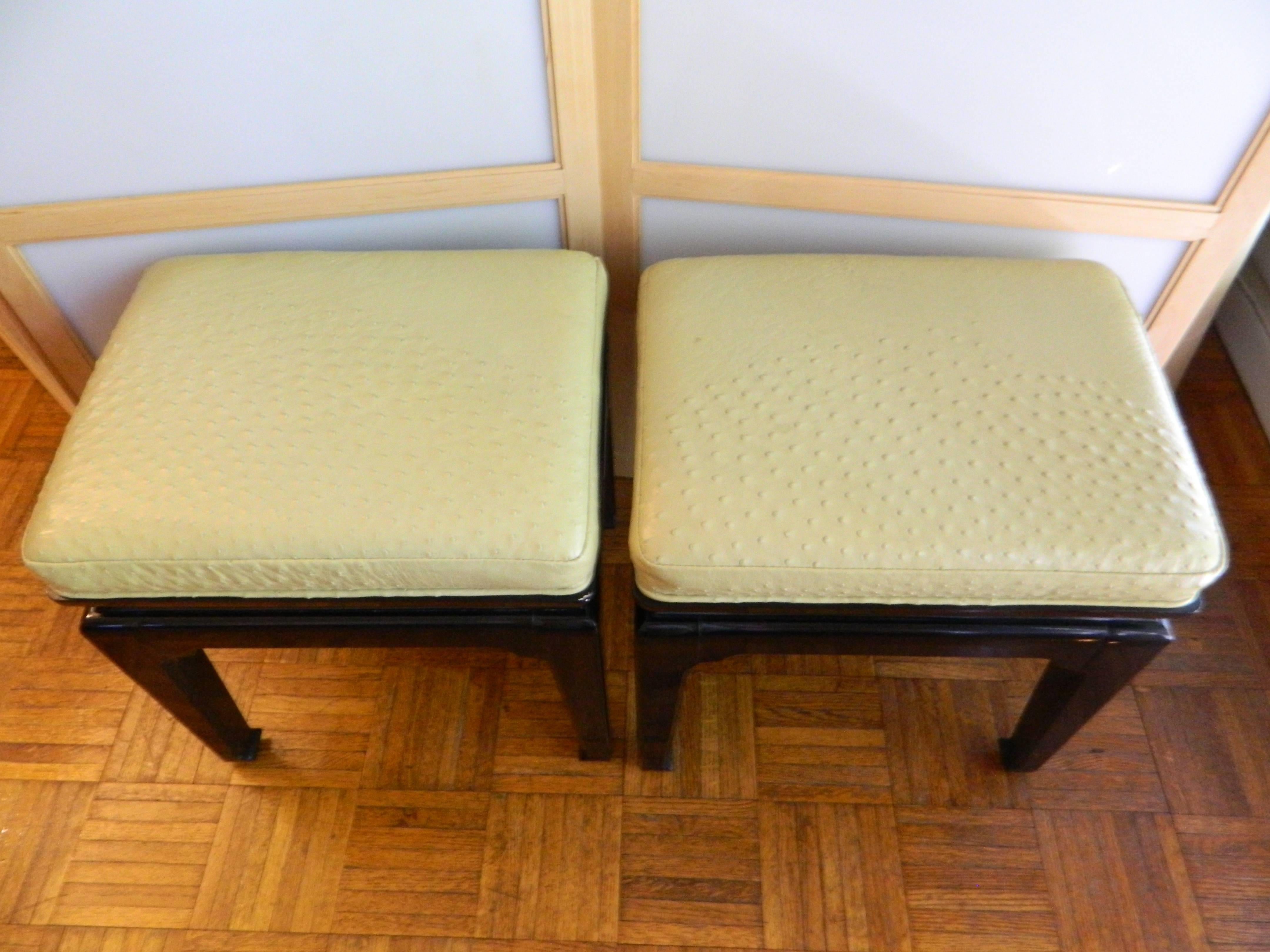 Vintage Chinese Style Lacquered Stools with Genuine Ostrich skin In Excellent Condition In New York, NY