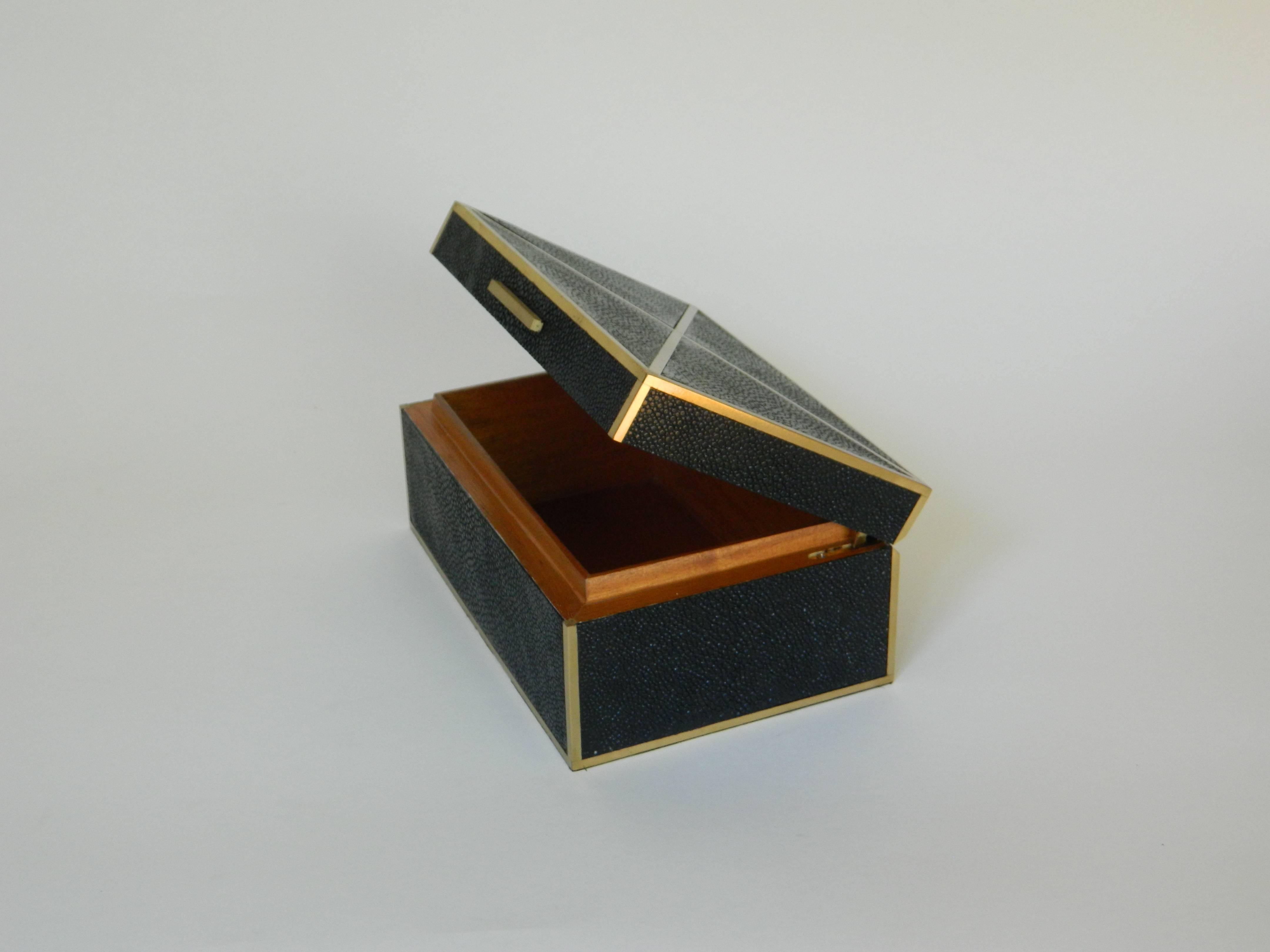 Black shagreen box with brass inlay
Galart specializes in boxes, humidors, trays, lamps and other high quality objects. 
We can custom make any shape, color and size.
 