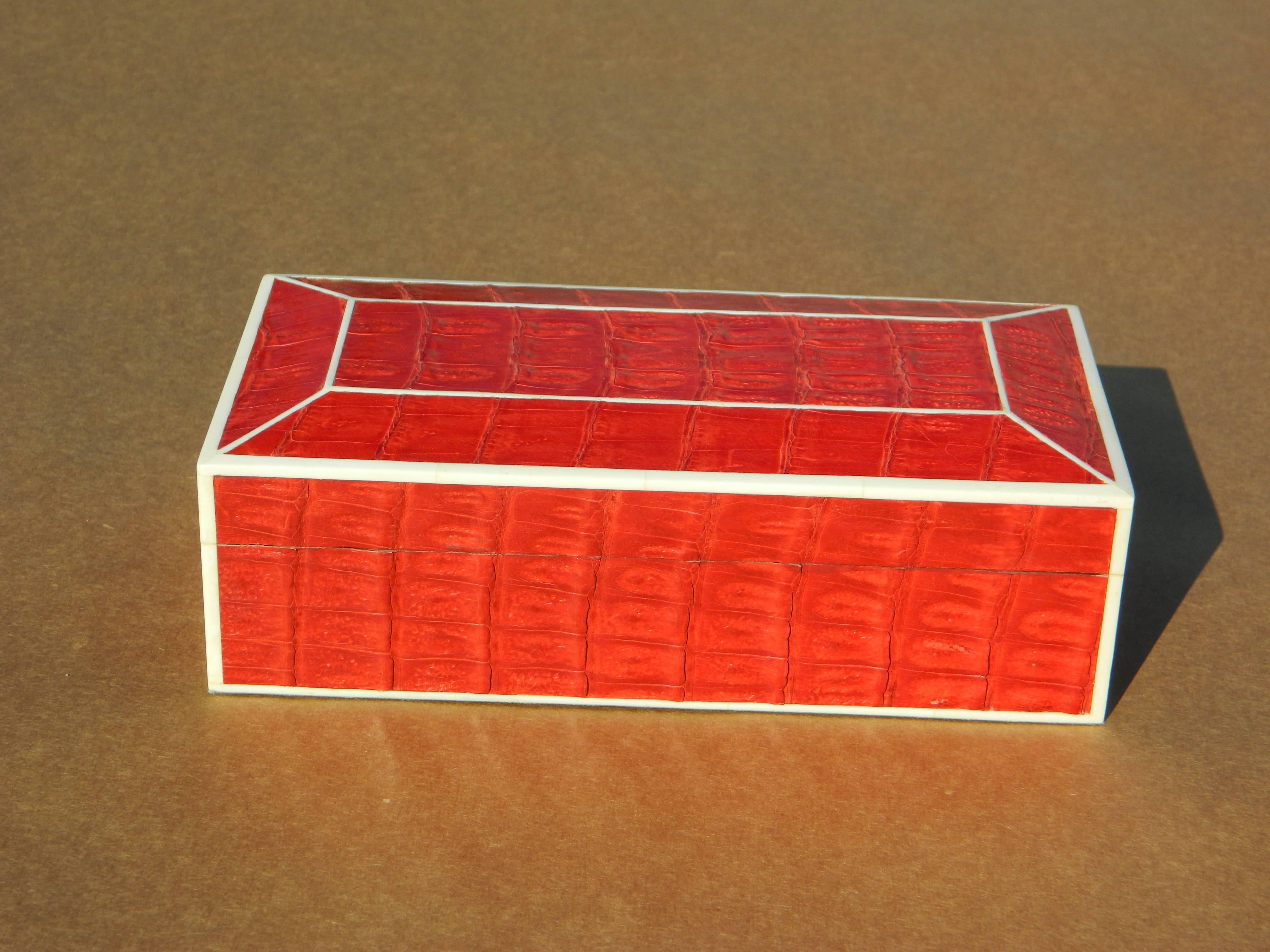 Modern Beautiful Red Crocodile Box with Bone Inlay For Sale