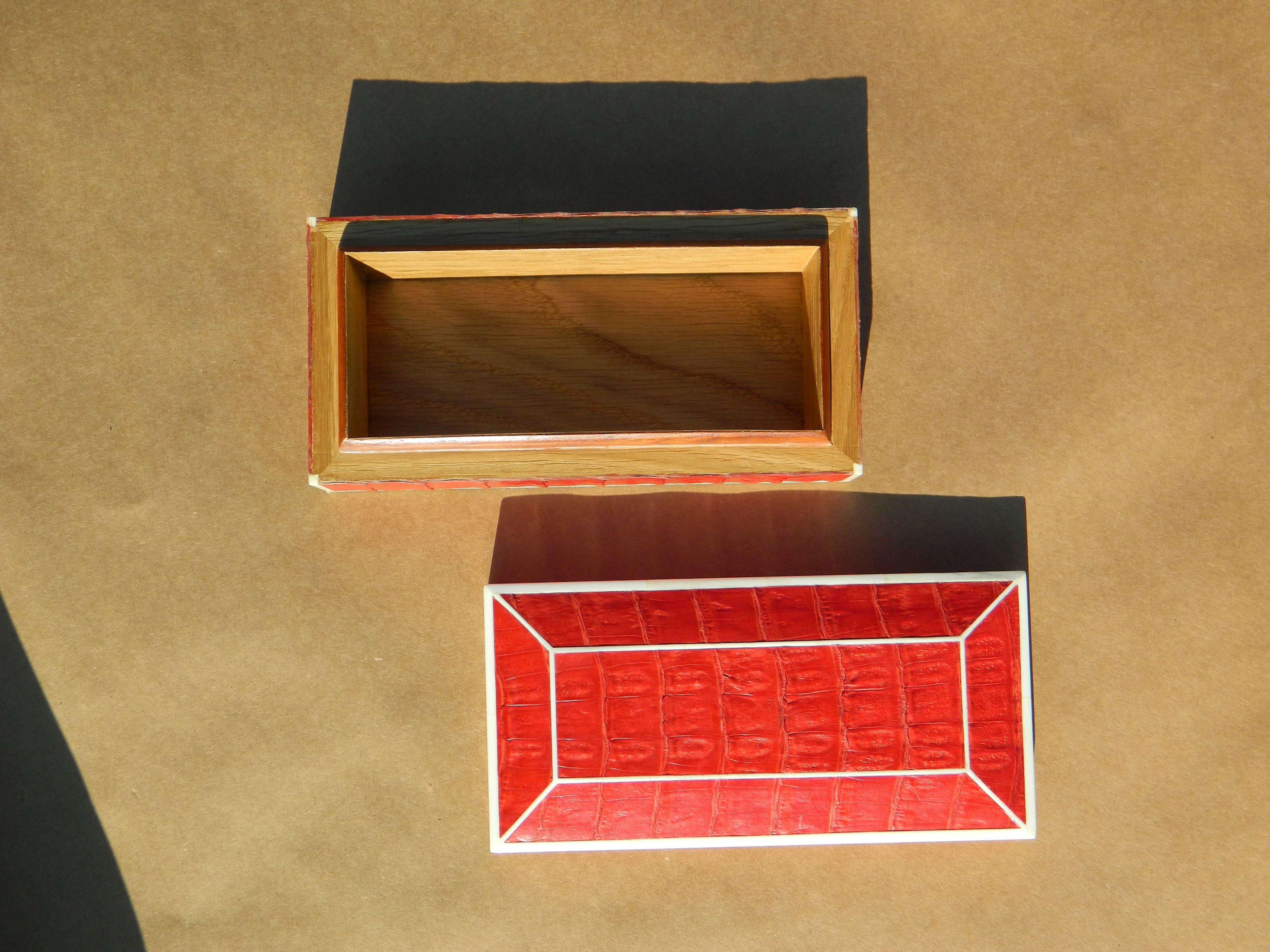 American Beautiful Red Crocodile Box with Bone Inlay For Sale