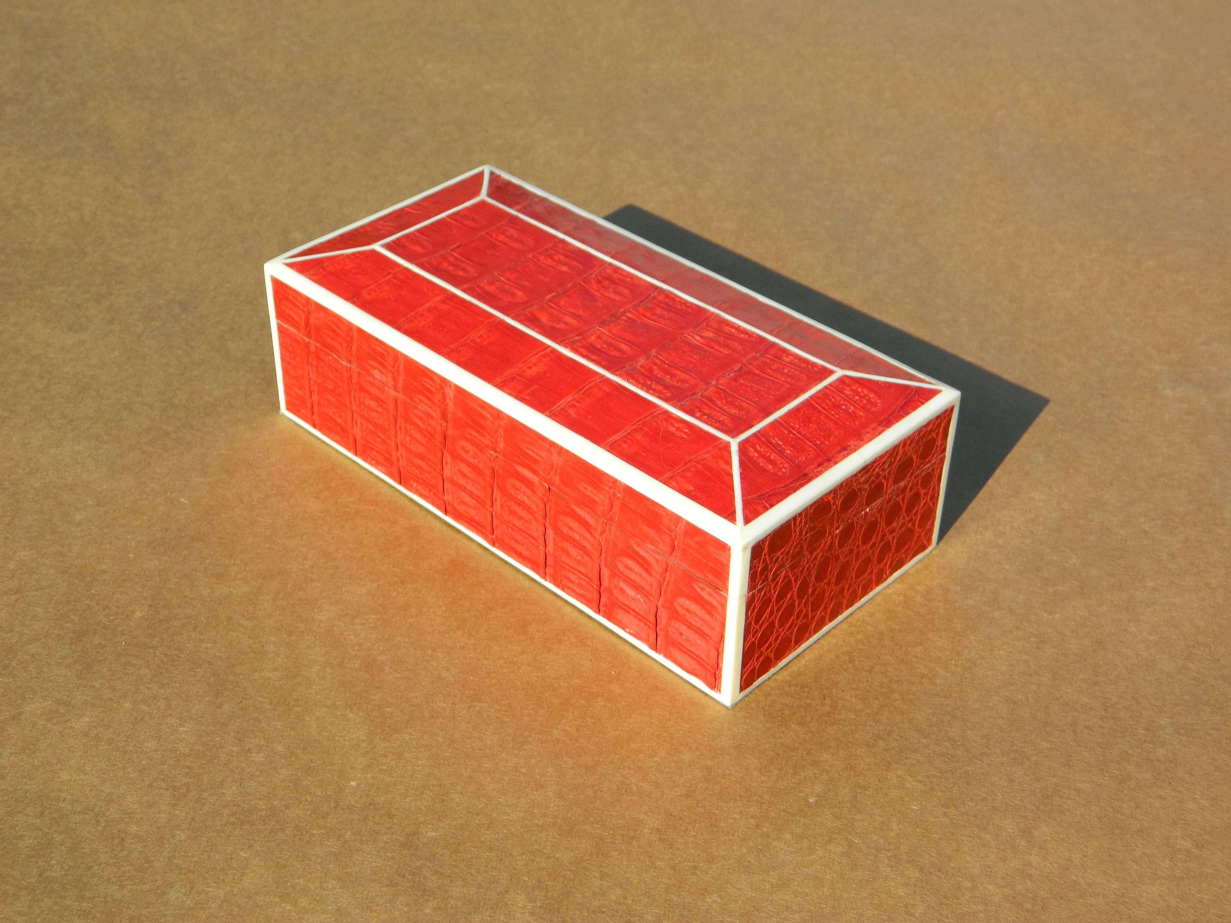 Contemporary Beautiful Red Crocodile Box with Bone Inlay For Sale