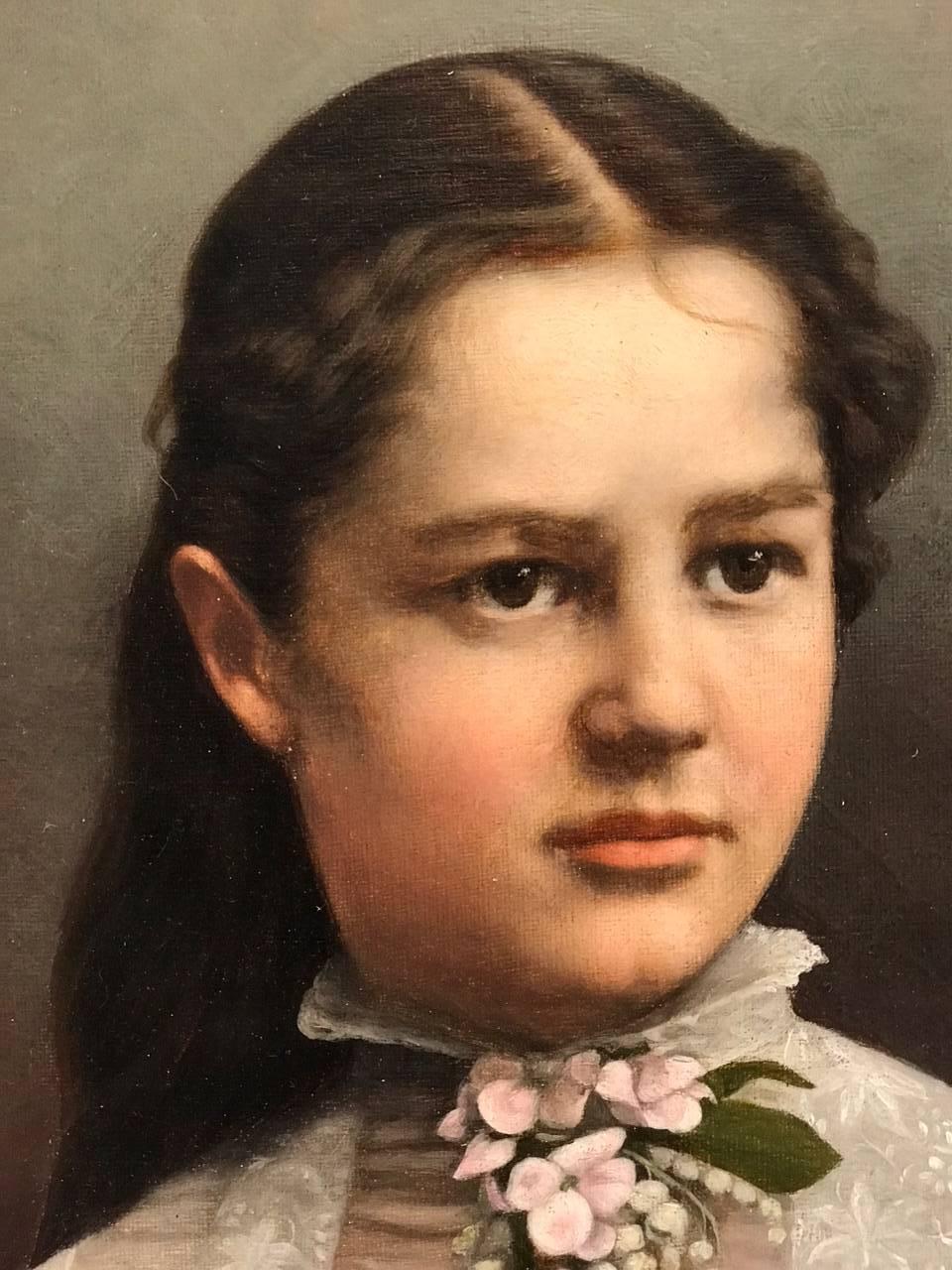 19th century portrait painting of a young lady , oil on canvas by I.Quiek, 1881.