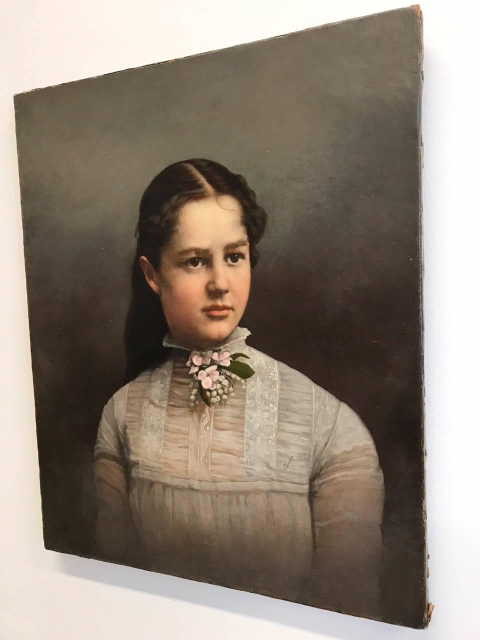 19th Century Young Lady Portrait , Oil on Canvas Painting In Excellent Condition In New York, NY