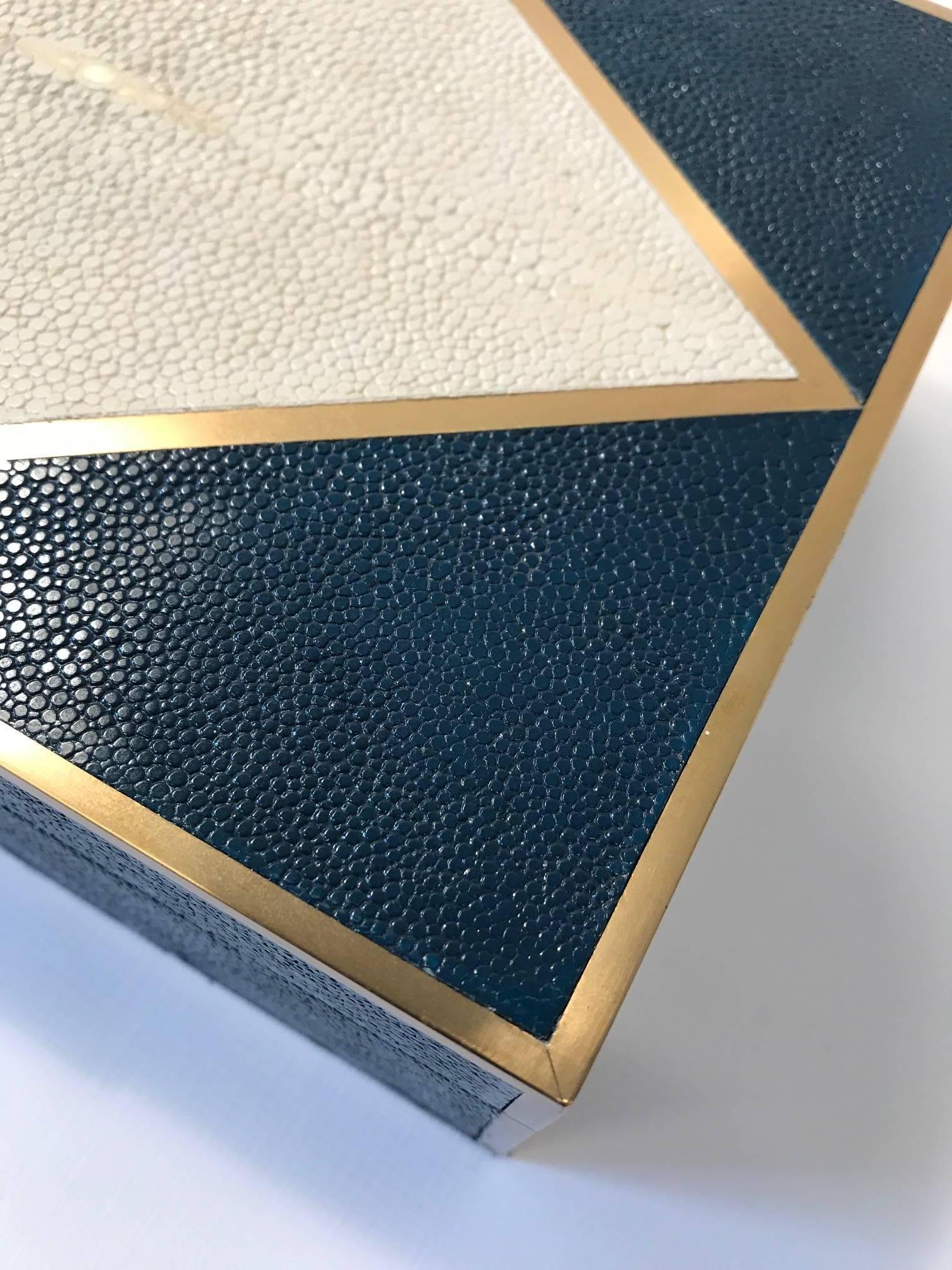 Modern Navy Blue and natural Shagreen Box with Brass Inlay  For Sale