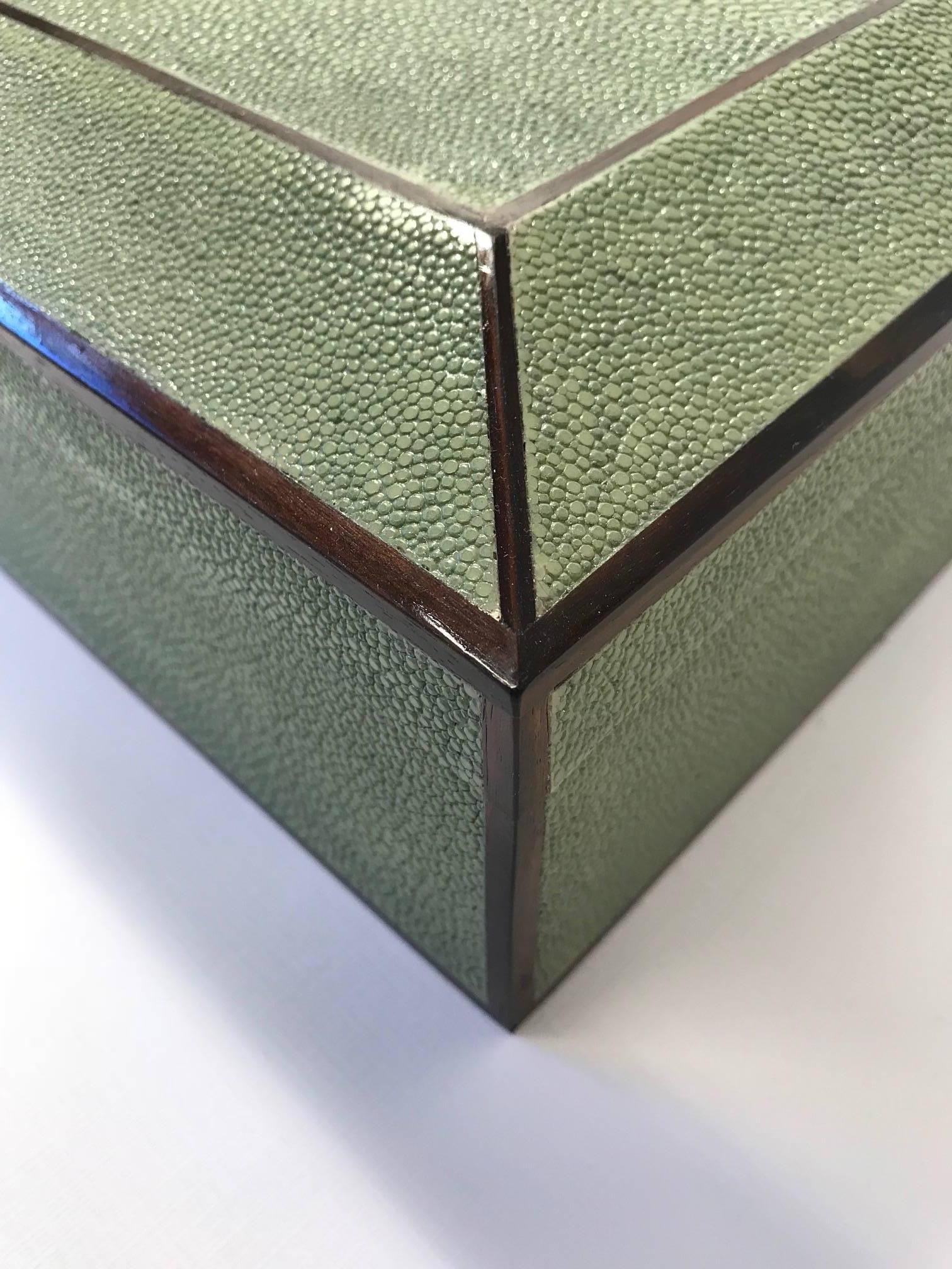 Sage color shagreen beveled shape box with Ebony inlay
We custom make any shape color and size