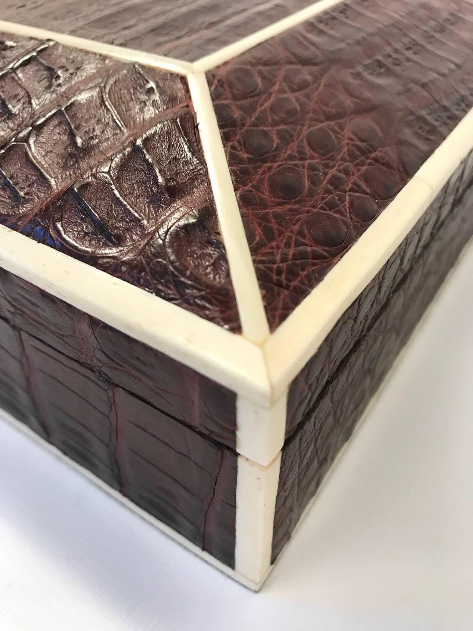 Contemporary Genuine Brown Crocodile Box with Bone Inlay For Sale