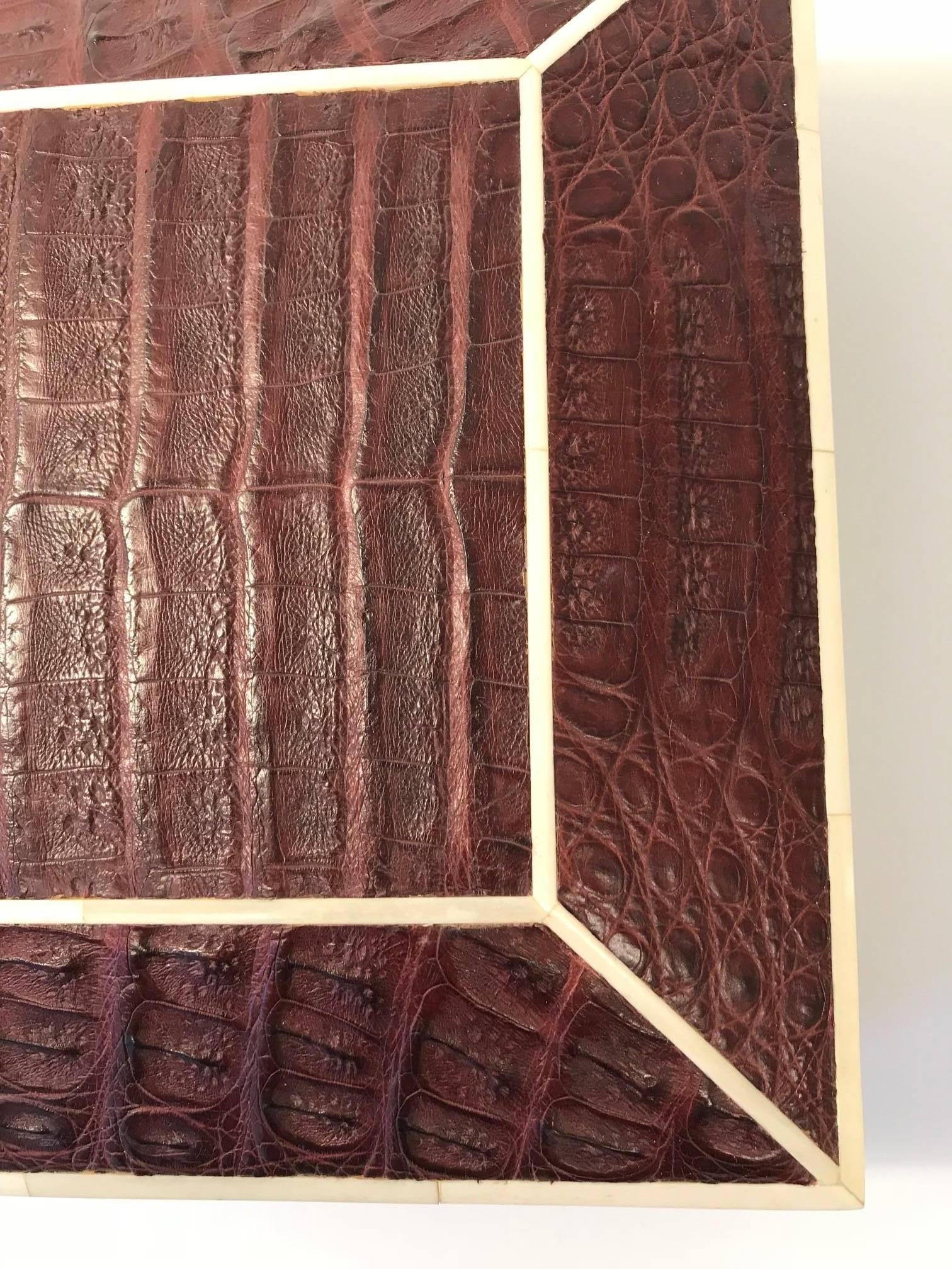 Genuine Brown Crocodile Box with Bone Inlay In New Condition For Sale In New York, NY