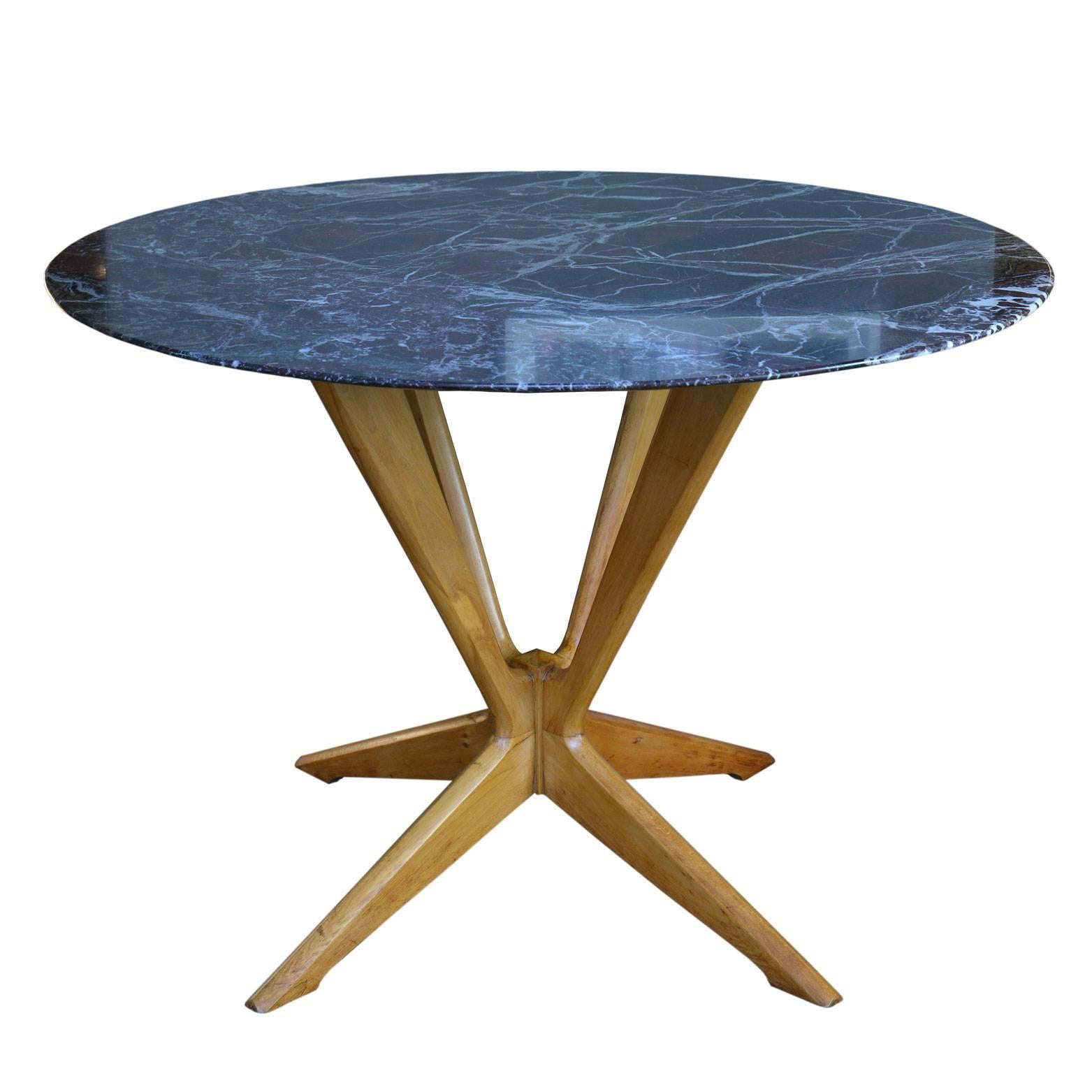 Italian Round Table in Red Marble and Beech, 1950s