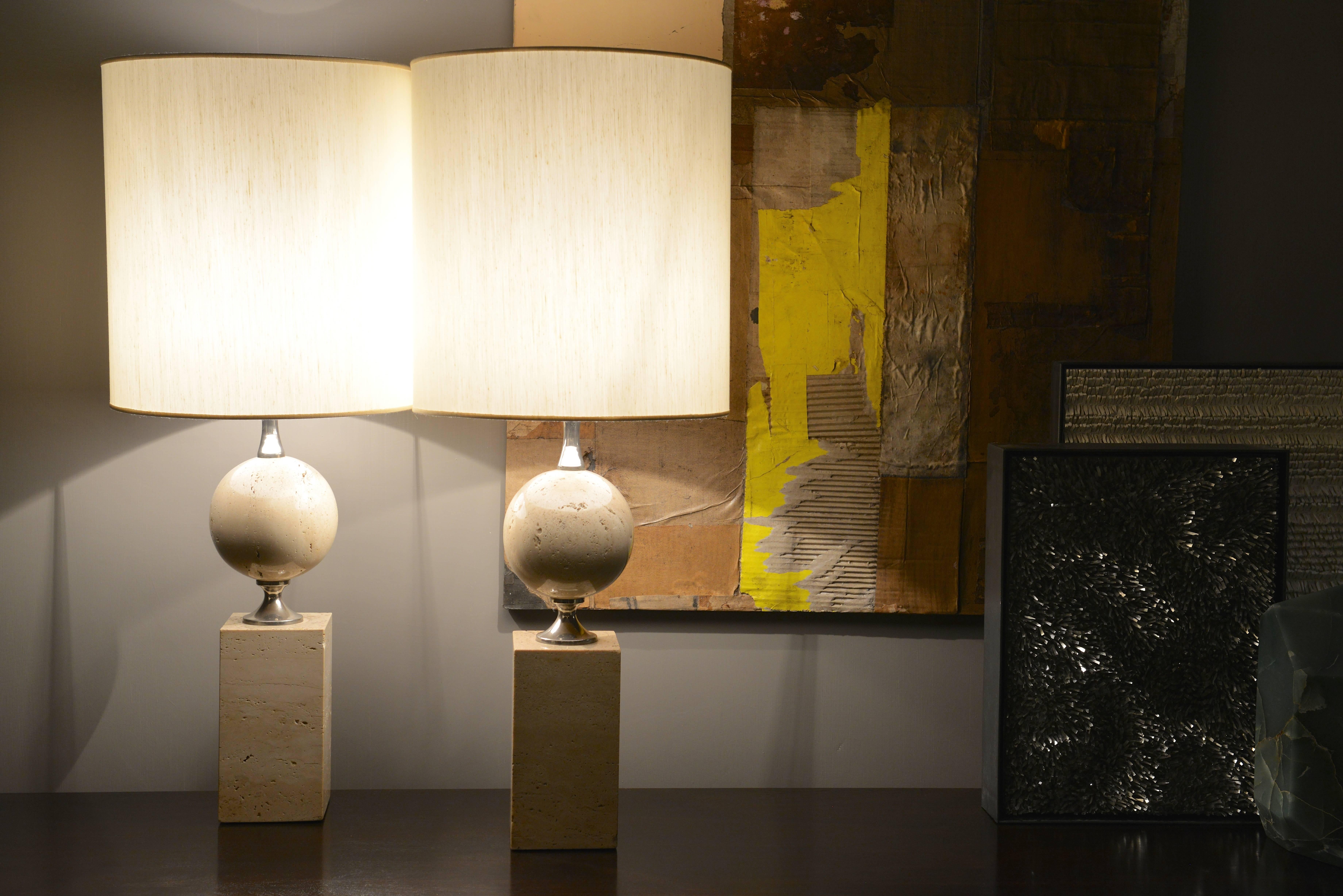 Late 20th Century Pair of Maison Barbier Table Lamps in Polished Travertine and Chrome