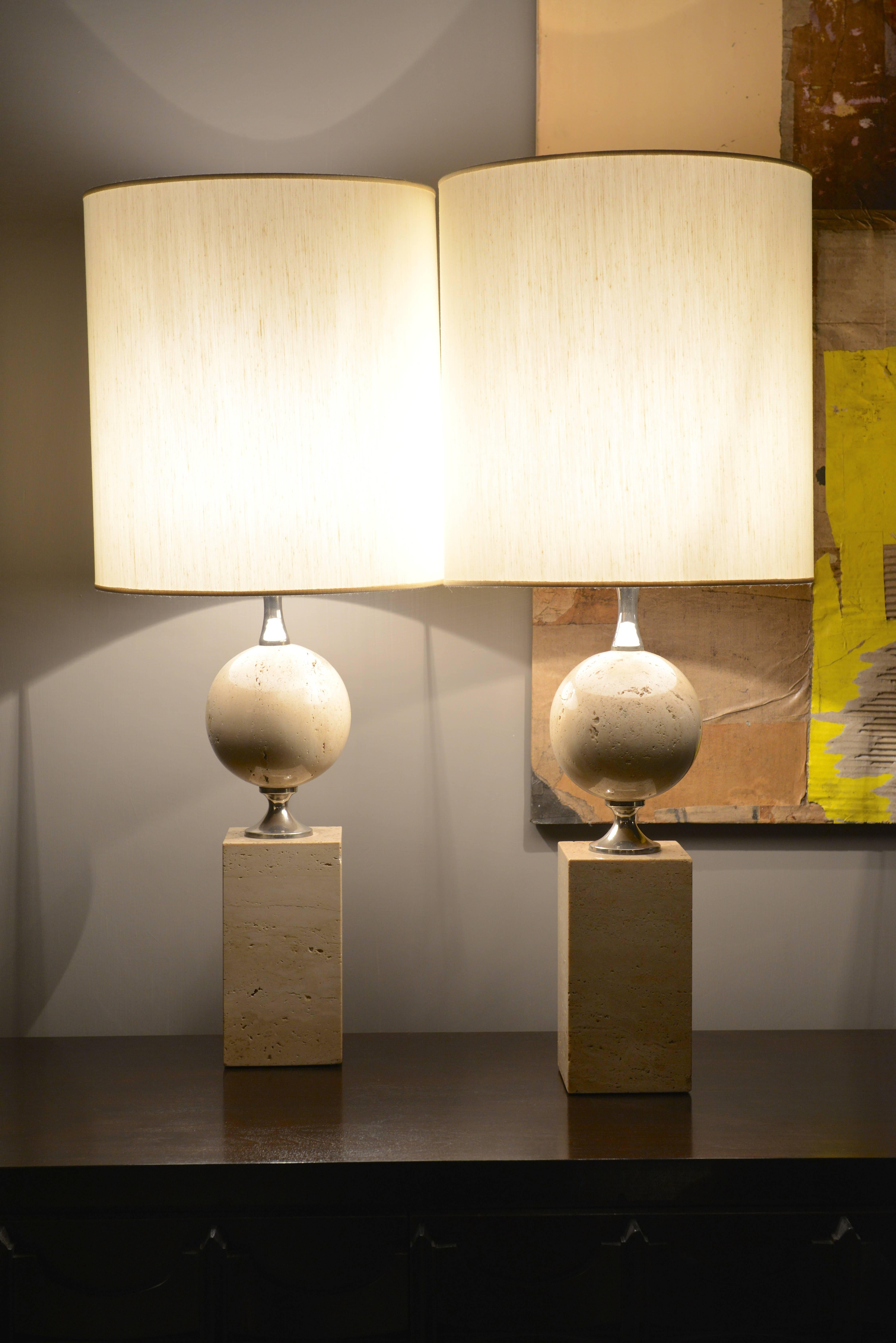 Pair of Maison Barbier Table Lamps in Polished Travertine and Chrome 1