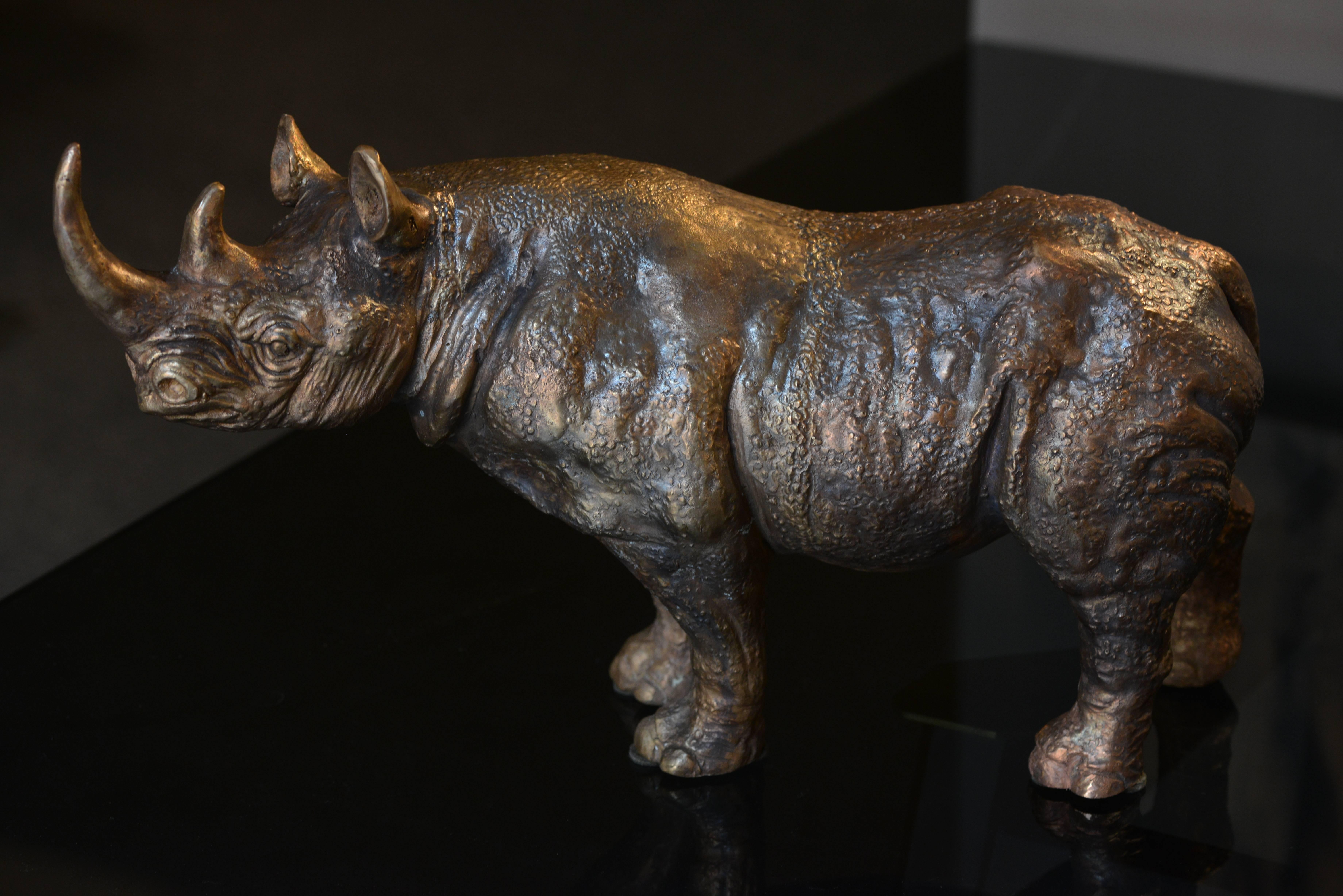 Pair of massive bronze rhinoceroses.