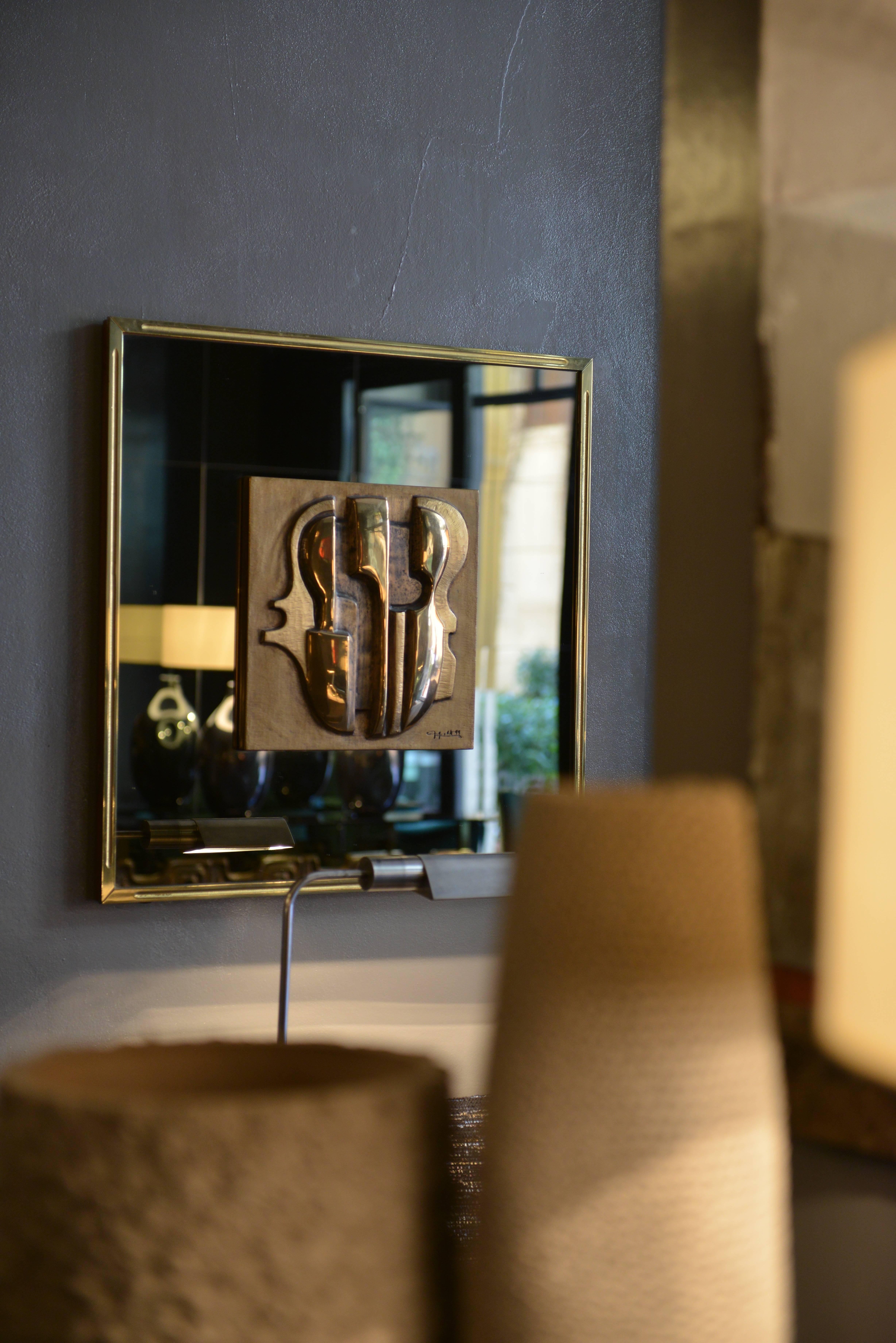 Late 20th Century Sculptural Mirror with Bronze Relief by Luciano Frigerio, Italy, 1979